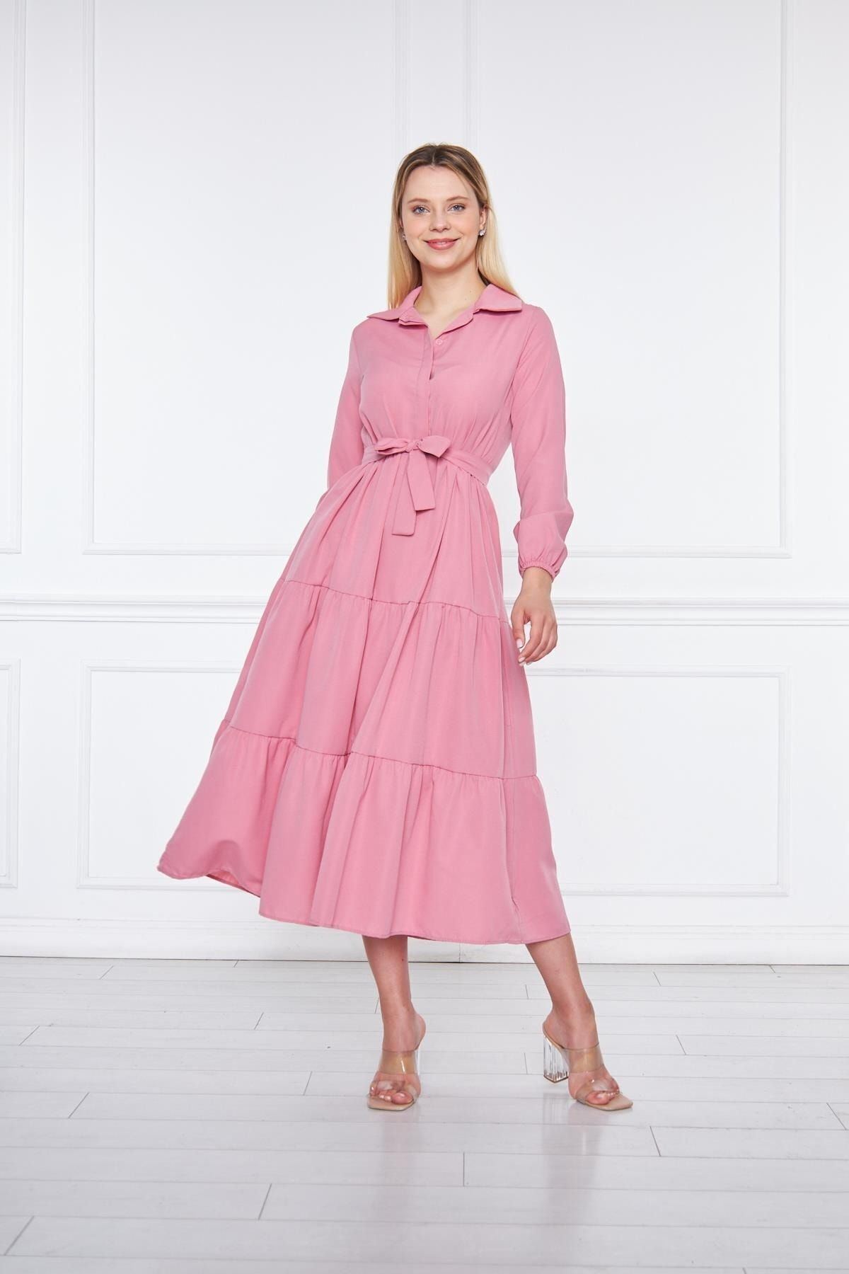 Kadın Katlı Gömlek Yaka Elbise