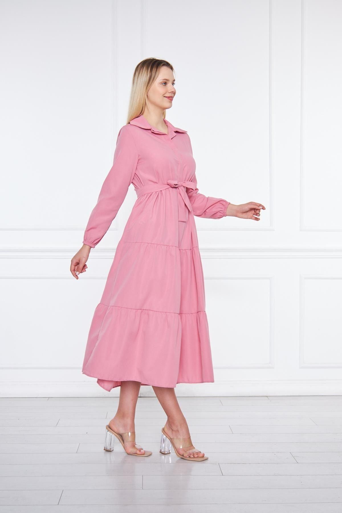 Kadın Katlı Gömlek Yaka Elbise