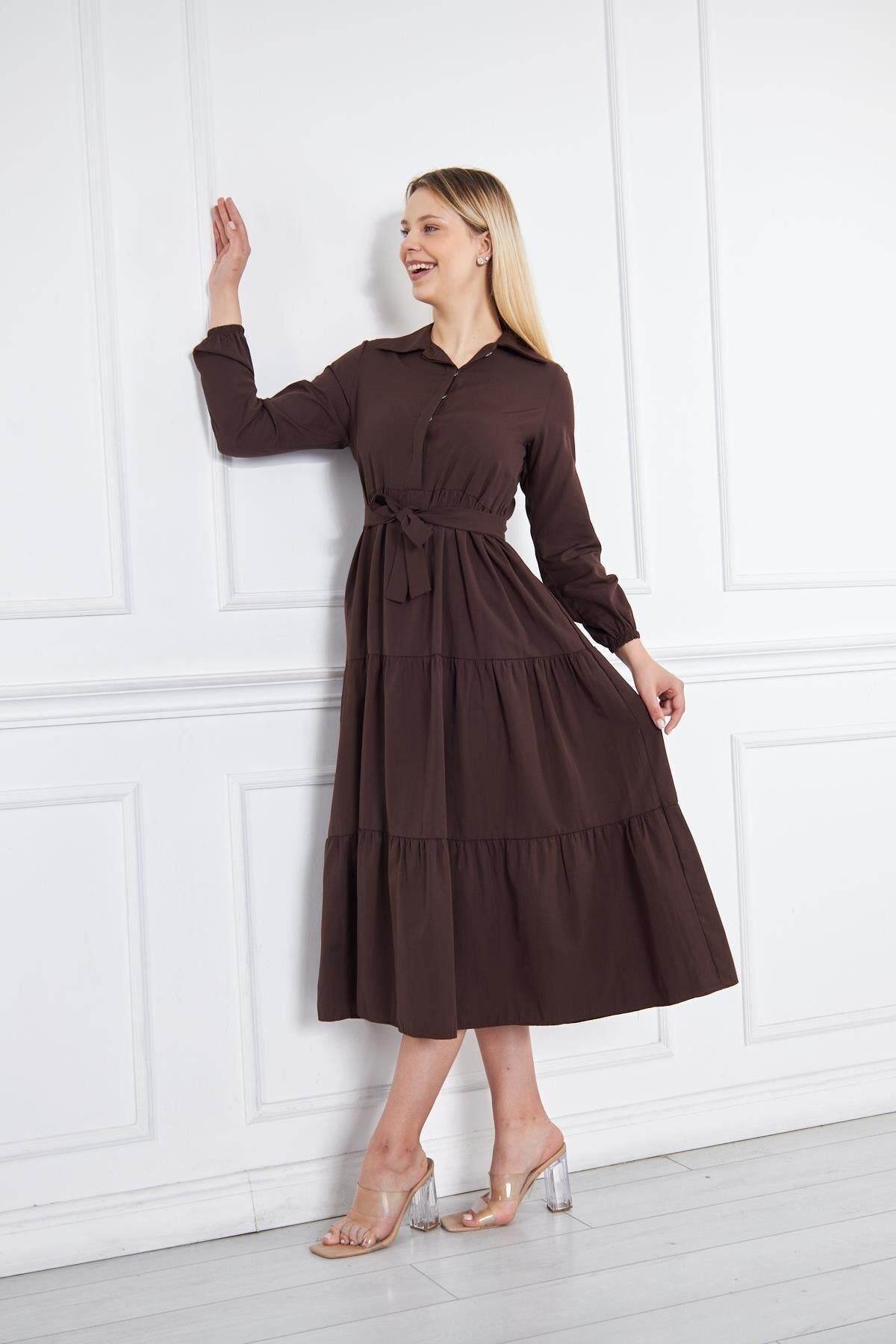 Kadın Katlı Gömlek Yaka Elbise