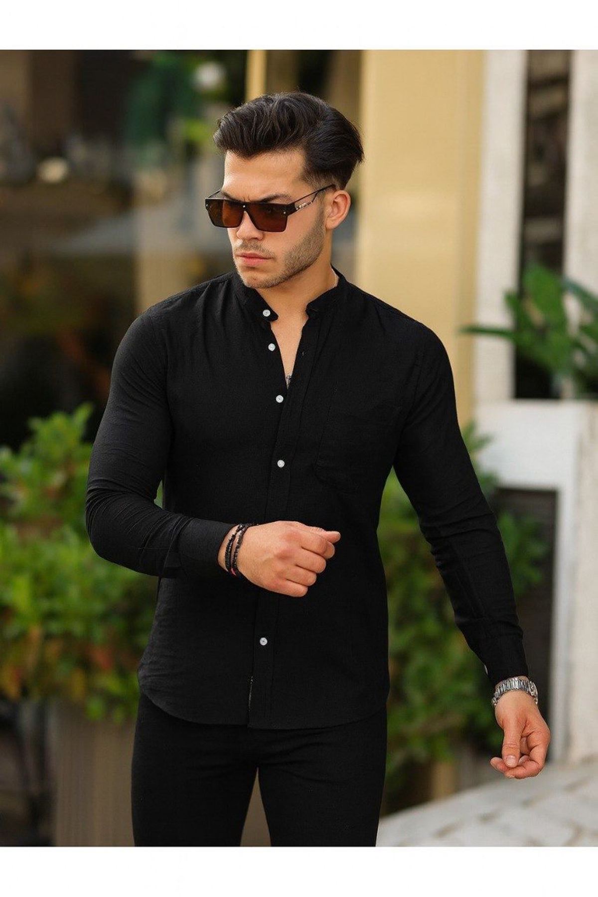 Erkek A Kalite Keten Slim Fit Kapaksız Hakim Yaka Uzun Kol Gömlek