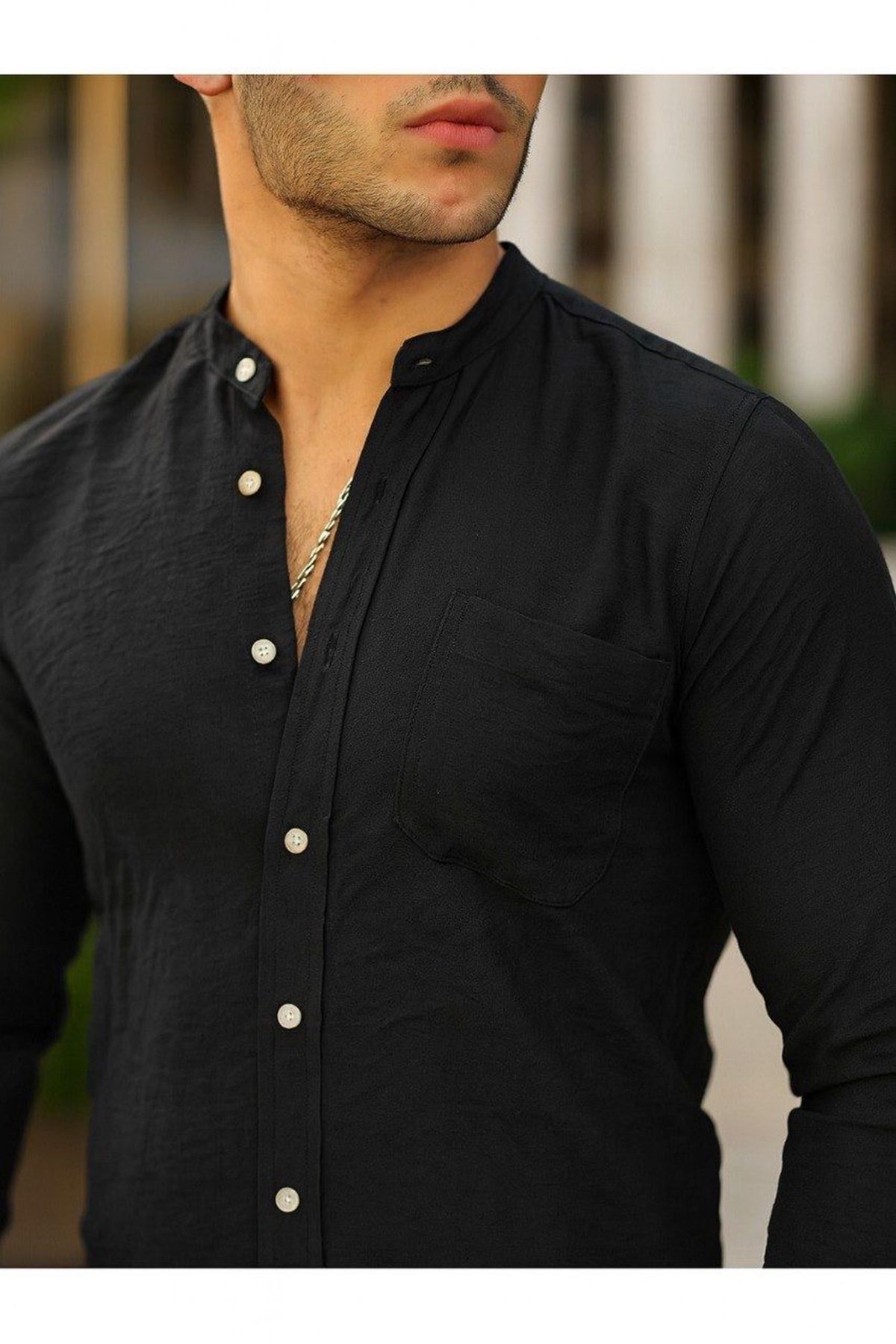 Erkek A Kalite Keten Slim Fit Kapaksız Hakim Yaka Uzun Kol Gömlek