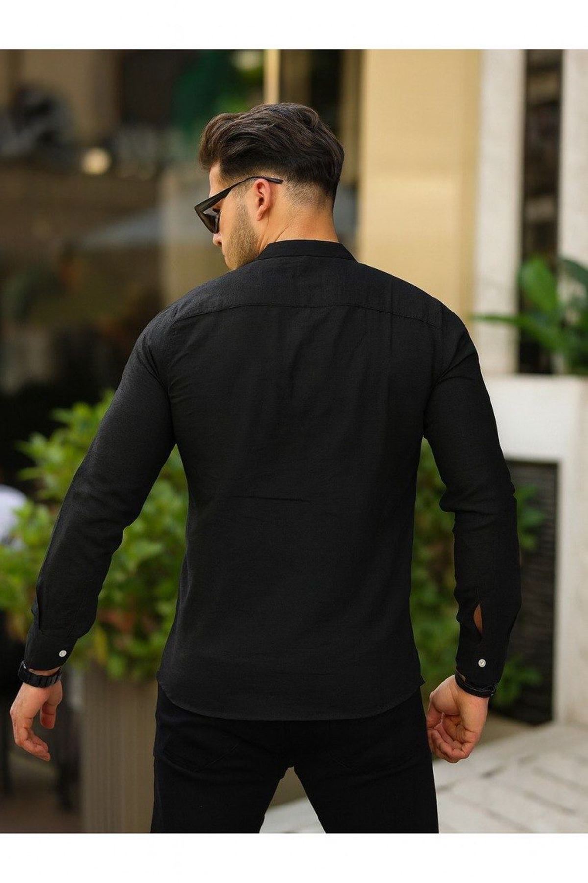 Erkek A Kalite Keten Slim Fit Kapaksız Hakim Yaka Uzun Kol Gömlek