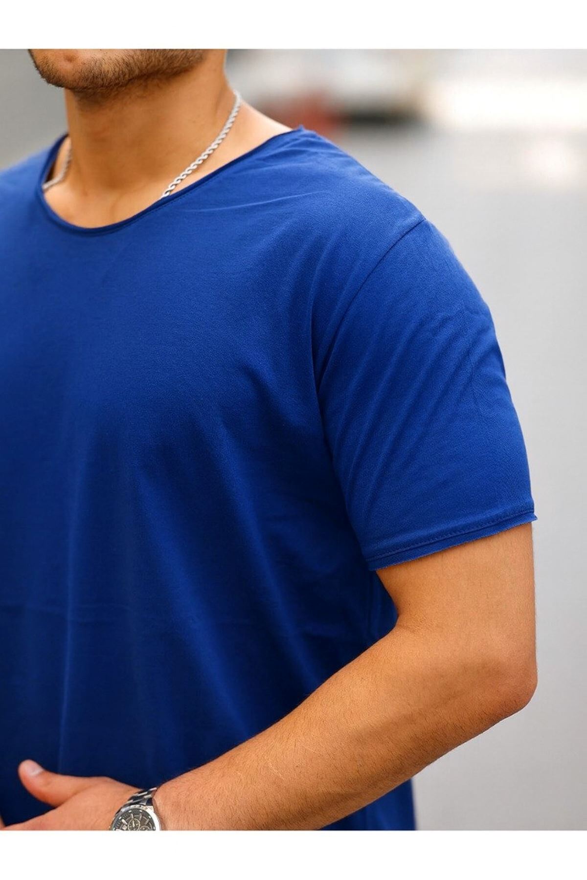 Erkek Basic Geniş Yaka Salaş Yazlık Bol Saks Tişört