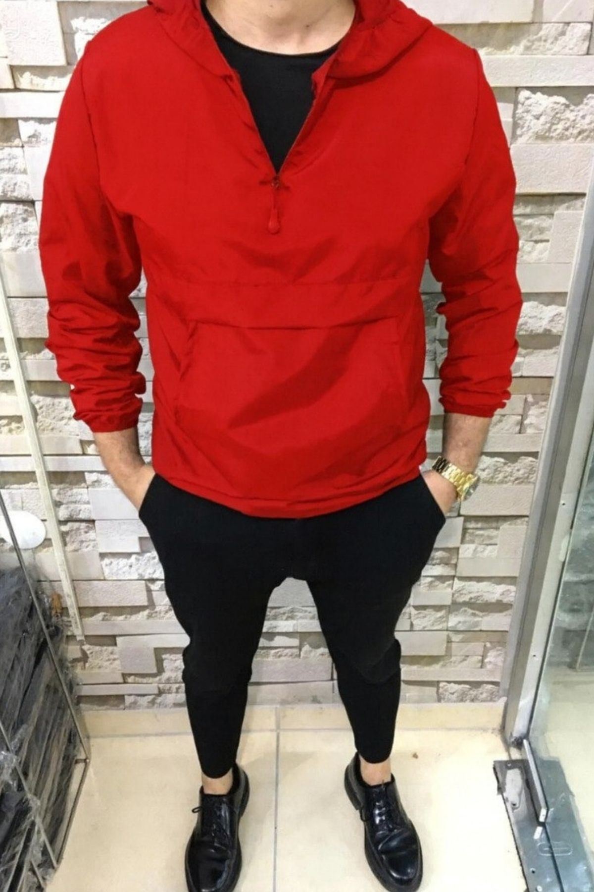 Erkek Fermuarlı Astarsız Kanguru Cep Kırmızı Yağmurluk