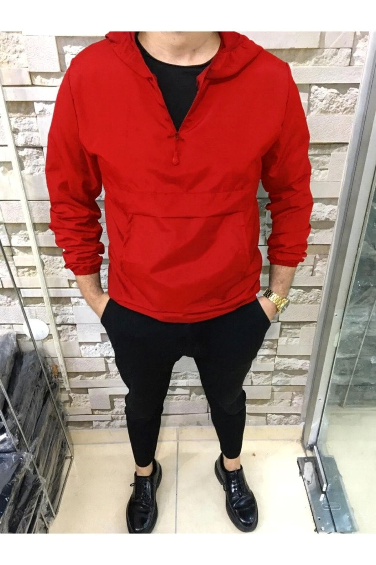 Erkek Fermuarlı Astarsız Kanguru Cep Kırmızı Yağmurluk