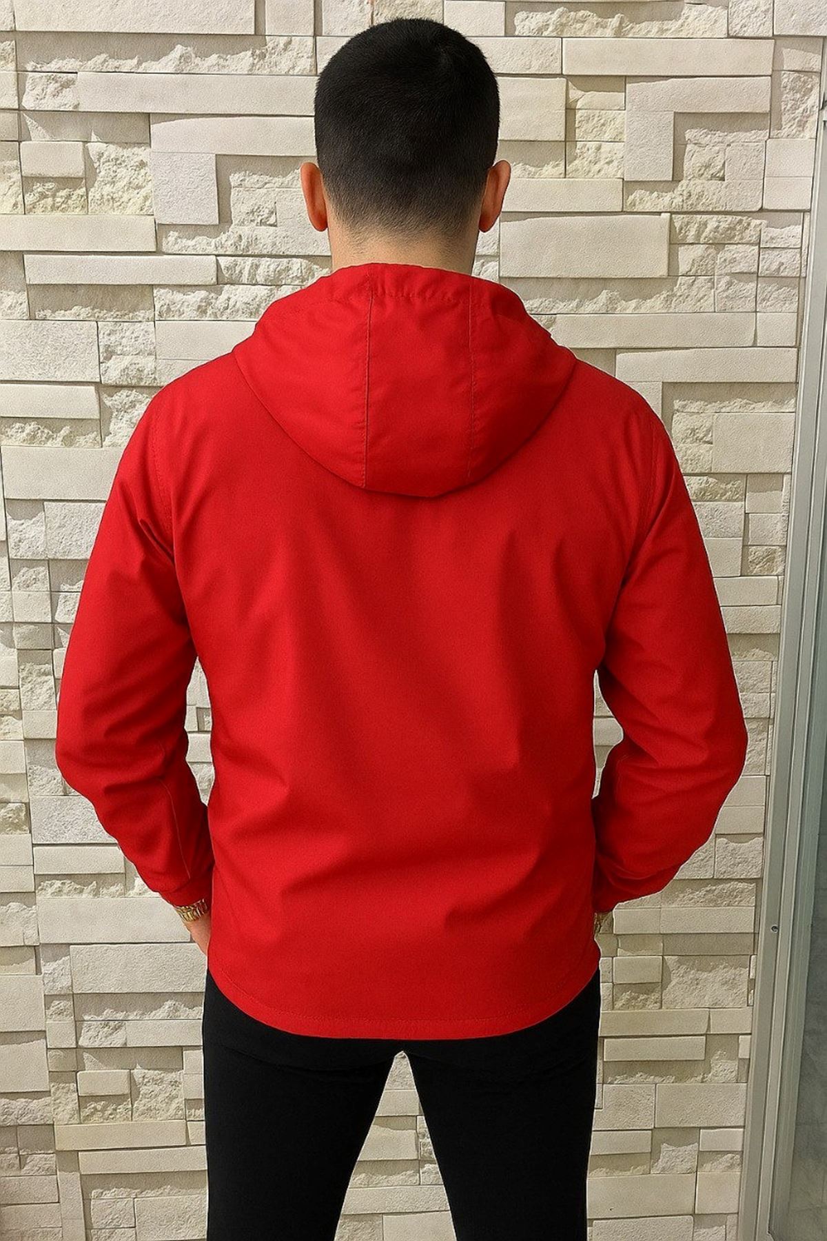 Erkek Fermuarlı Astarsız Kanguru Cep Kırmızı Yağmurluk