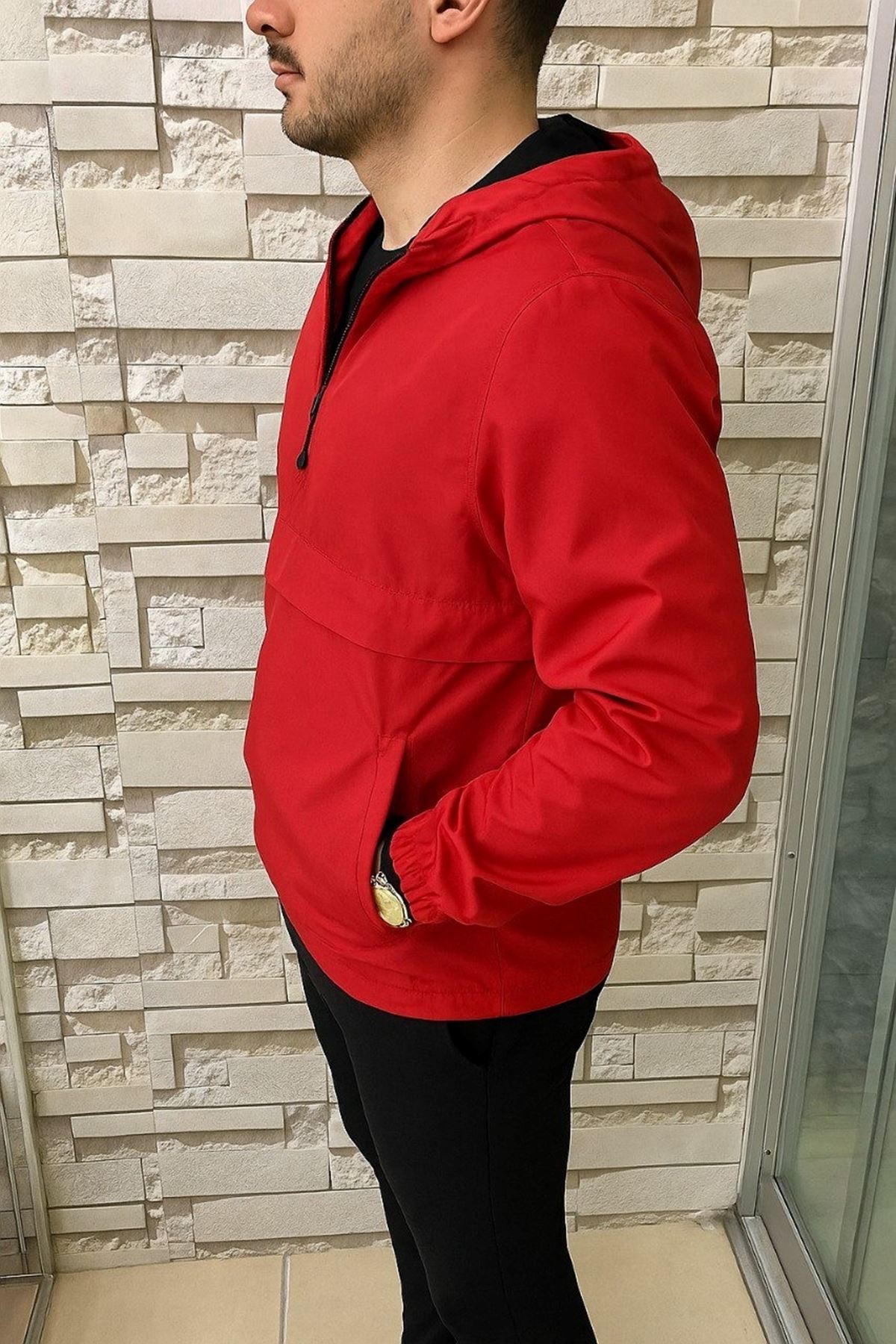 Erkek Fermuarlı Astarsız Kanguru Cep Kırmızı Yağmurluk