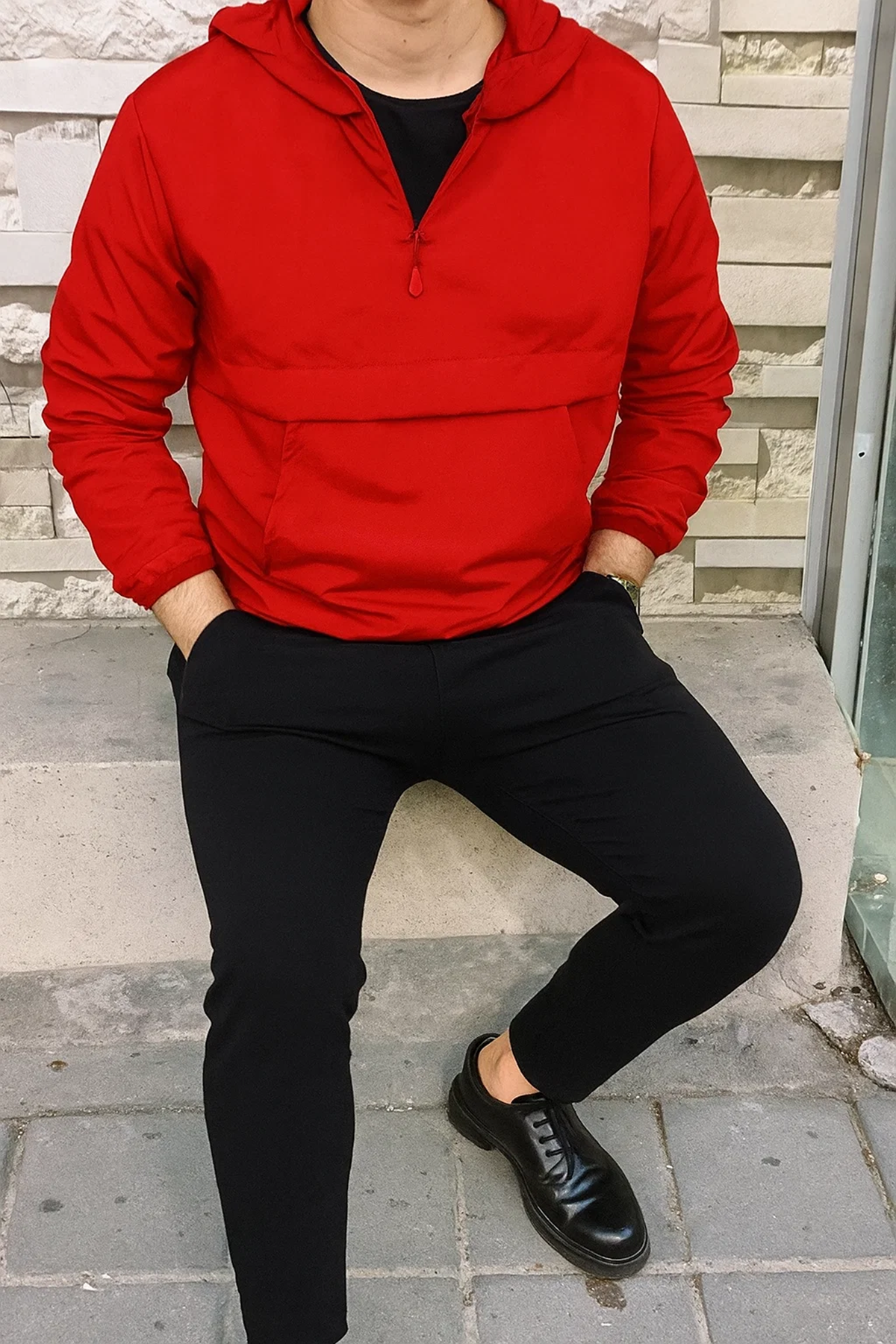 Erkek Fermuarlı Astarsız Kanguru Cep Kırmızı Yağmurluk