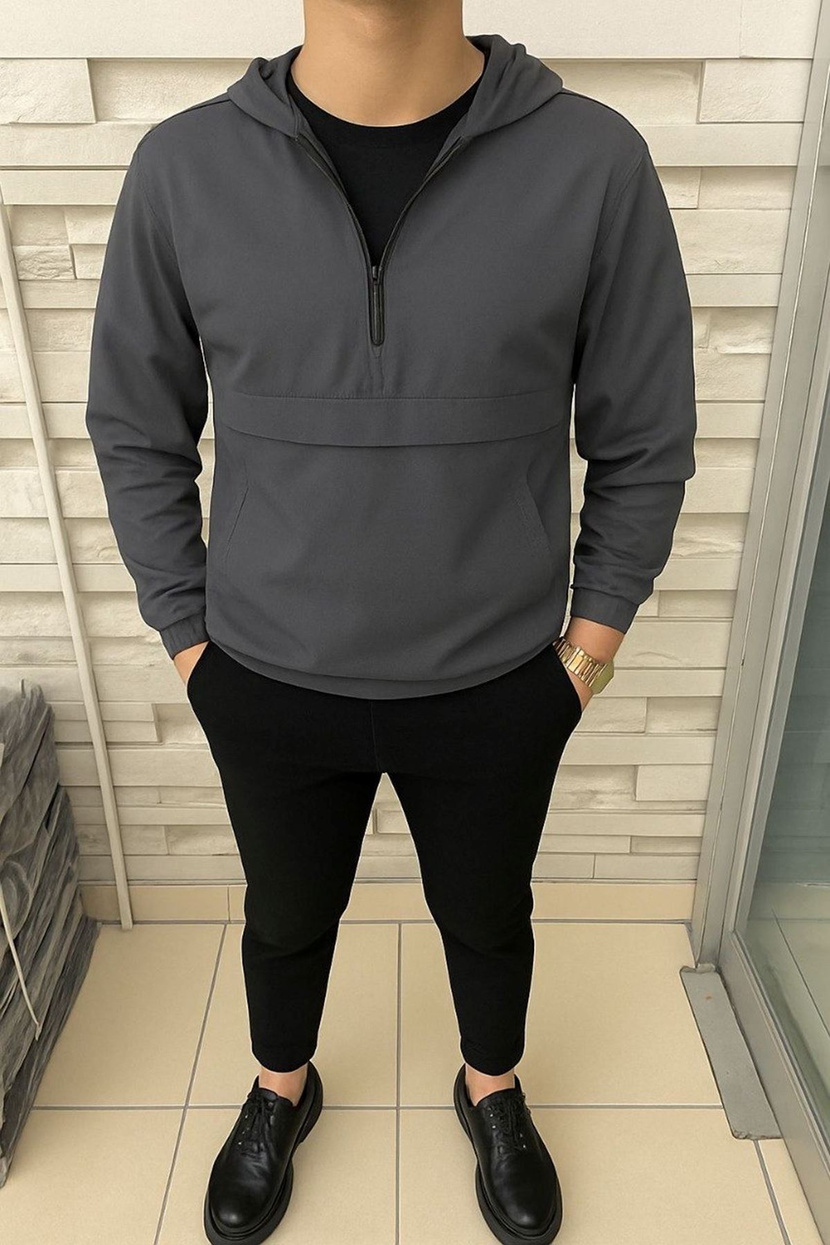 Erkek Fermuarlı Astarsız Kanguru Cep Füme Yağmurluk