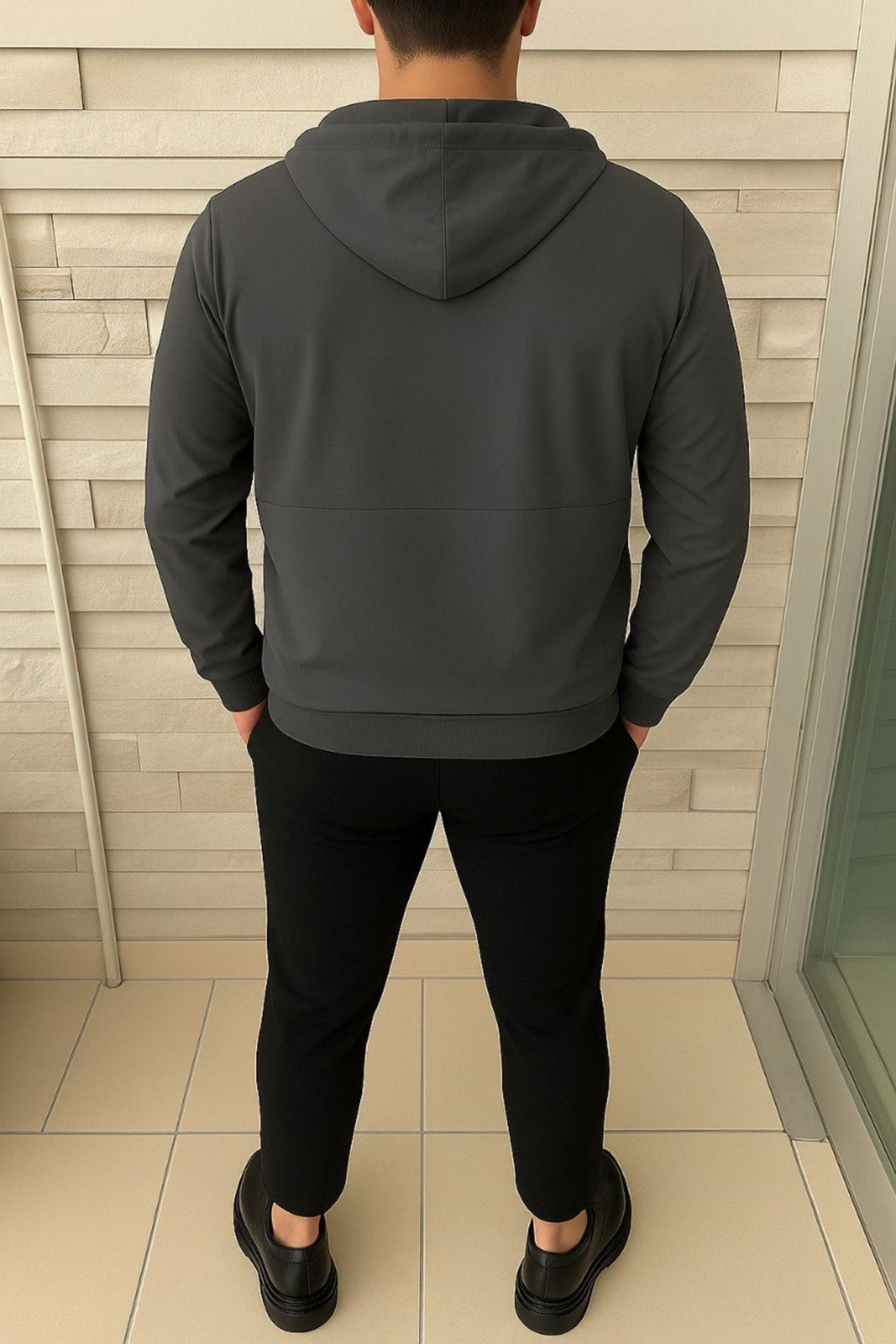 Erkek Fermuarlı Astarsız Kanguru Cep Füme Yağmurluk