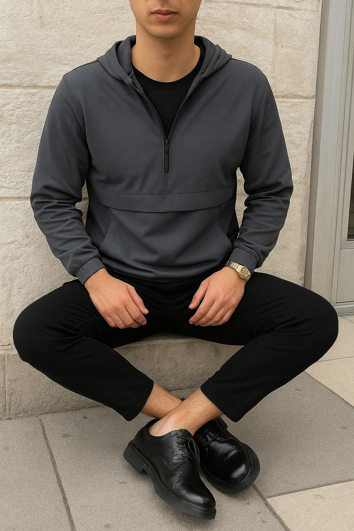 Erkek Fermuarlı Astarsız Kanguru Cep Füme Yağmurluk