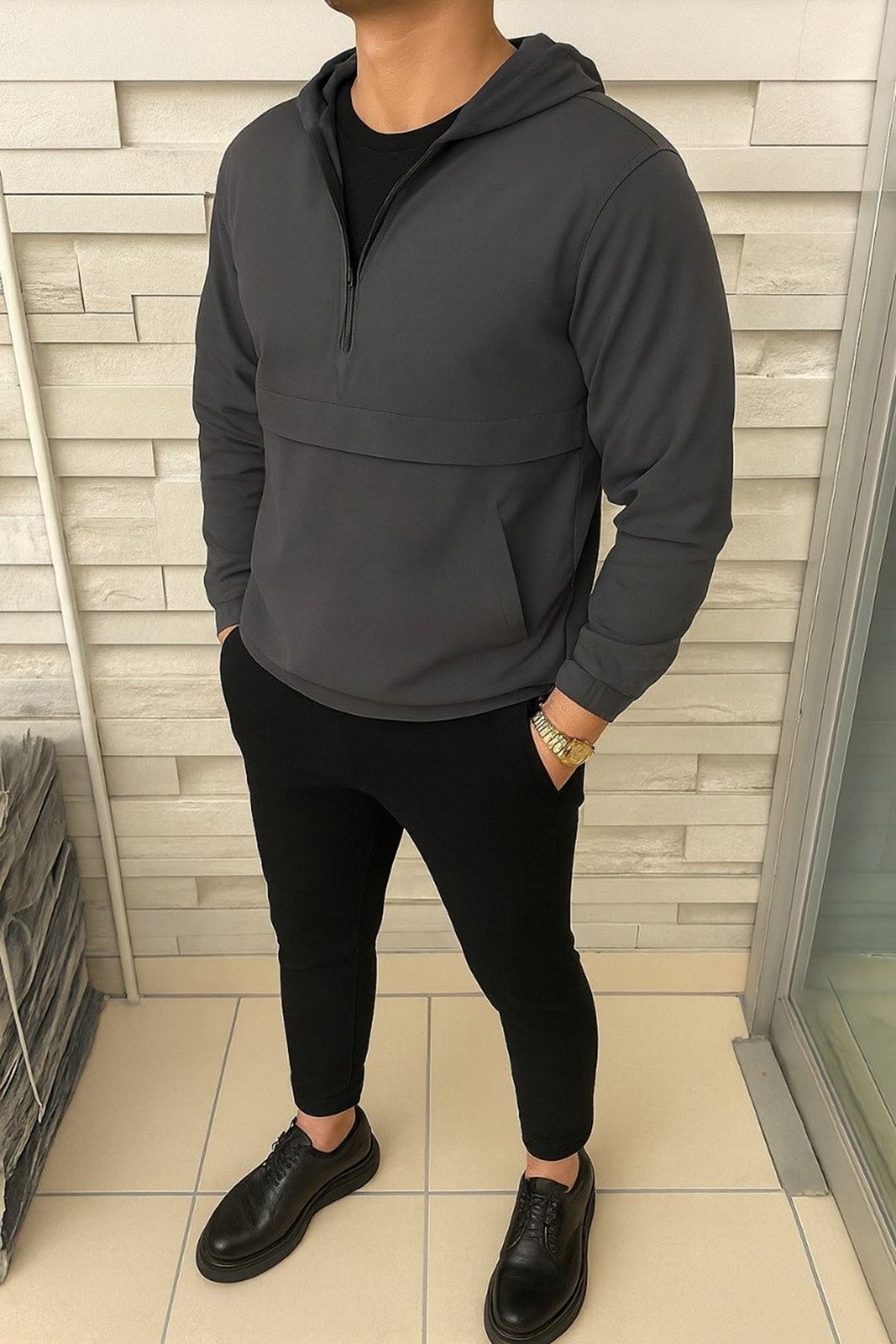 Erkek Fermuarlı Astarsız Kanguru Cep Füme Yağmurluk