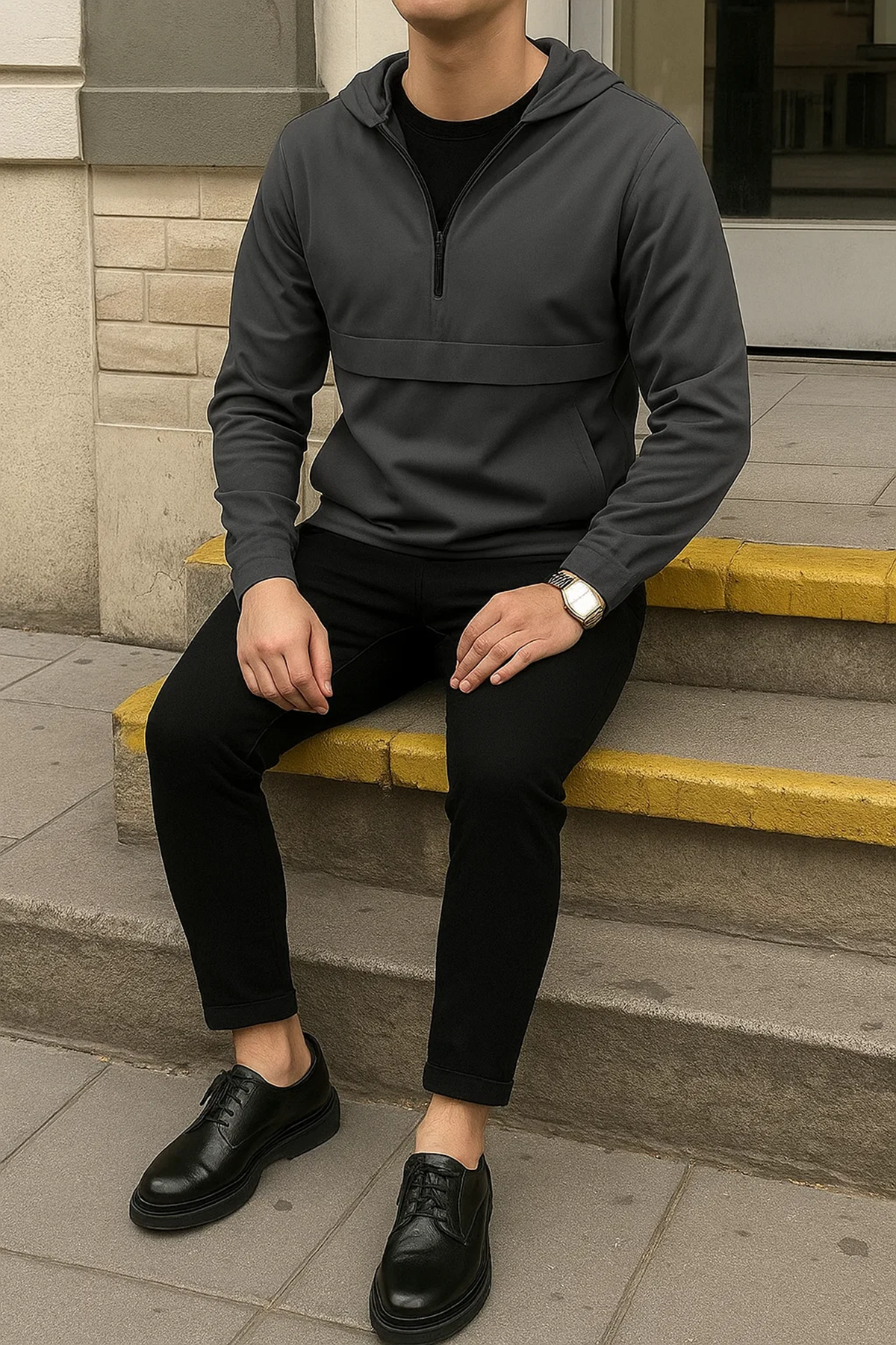 Erkek Fermuarlı Astarsız Kanguru Cep Füme Yağmurluk