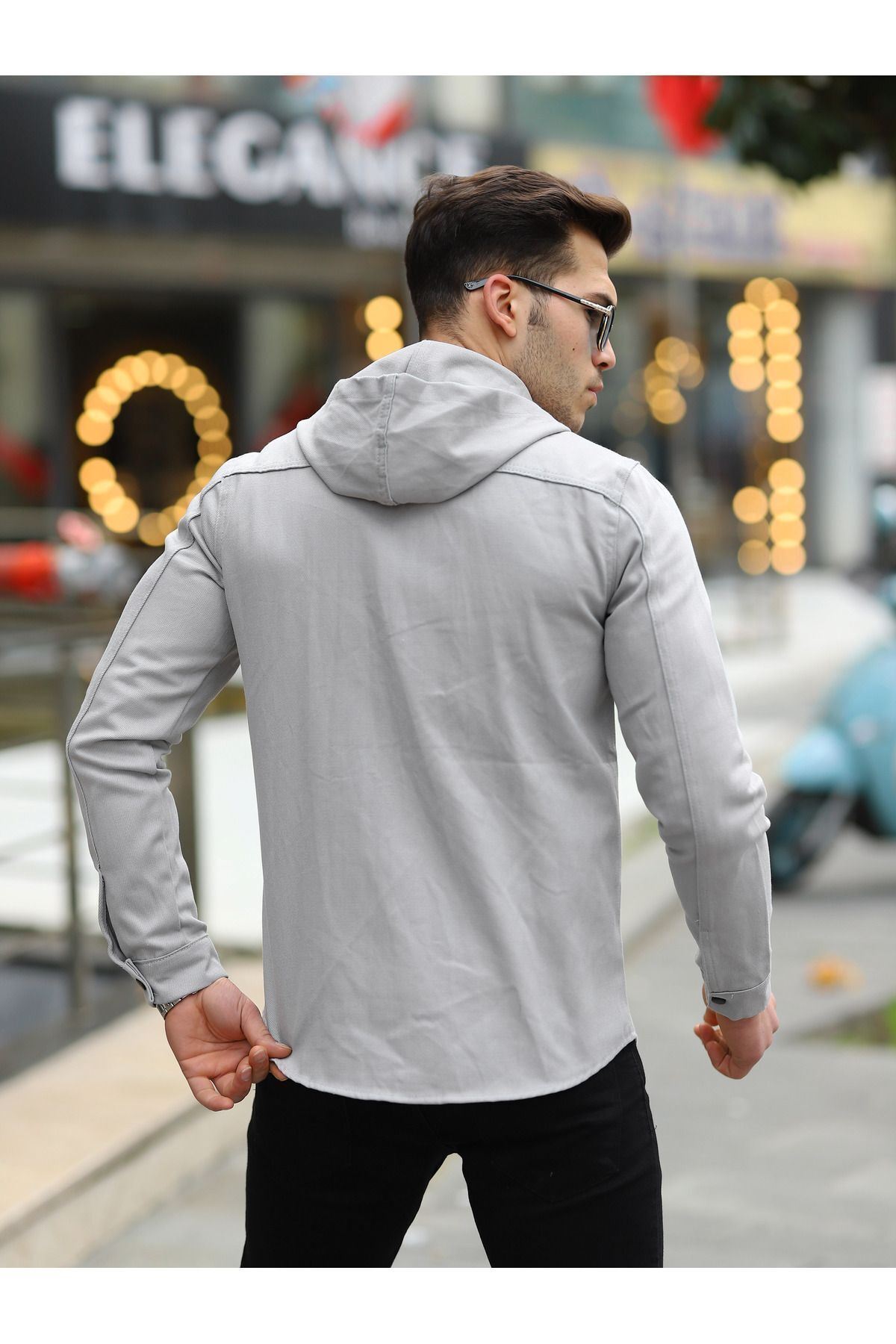 Erkek Kapşonlu Çıt Çıtlı Bol Basic Gri Kot Gömlek