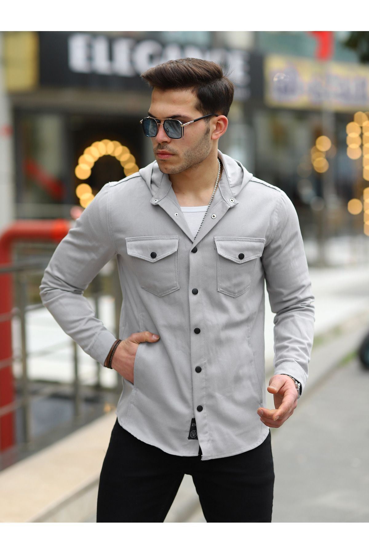 Erkek Kapşonlu Çıt Çıtlı Bol Basic Gri Kot Gömlek