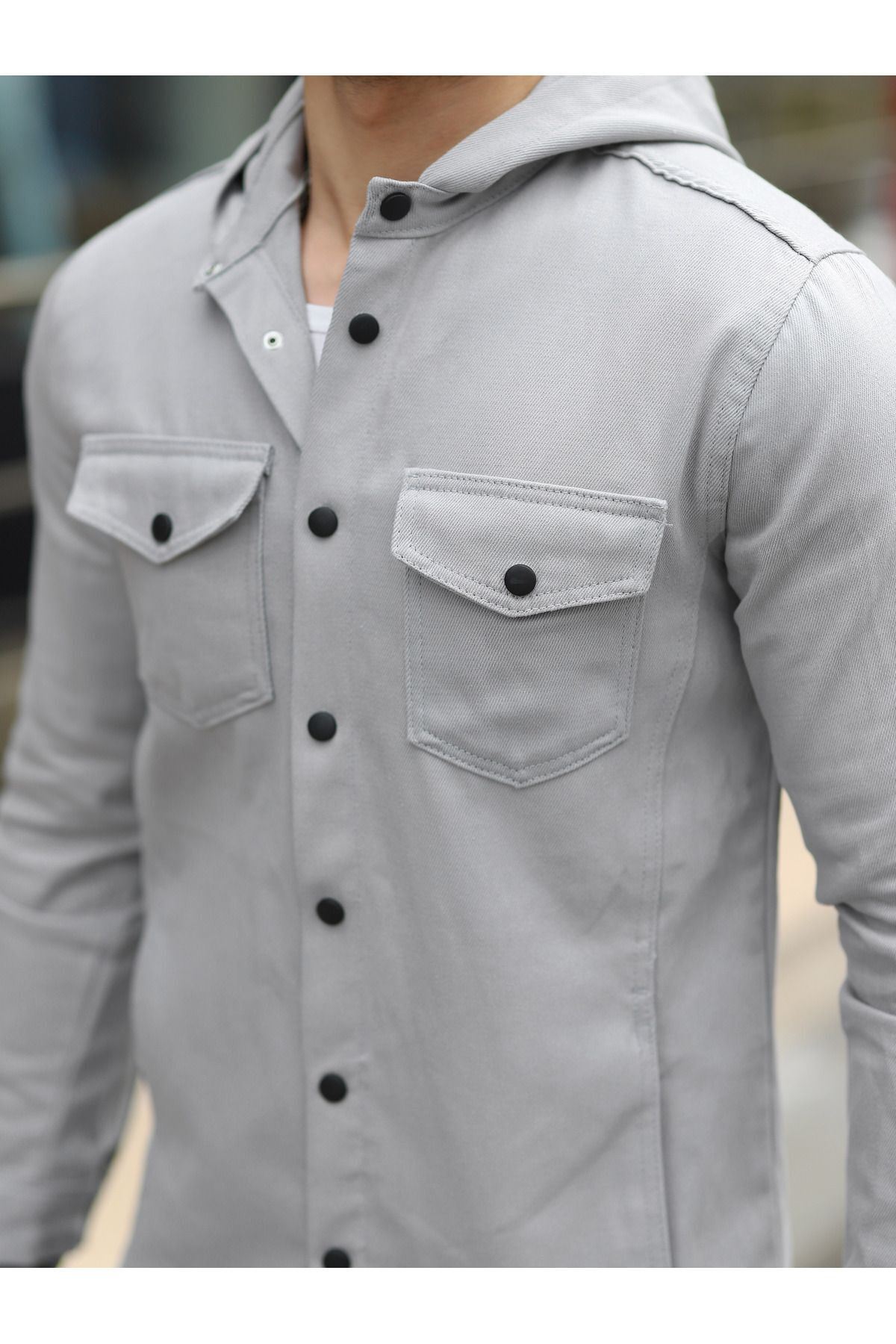 Erkek Kapşonlu Çıt Çıtlı Bol Basic Gri Kot Gömlek