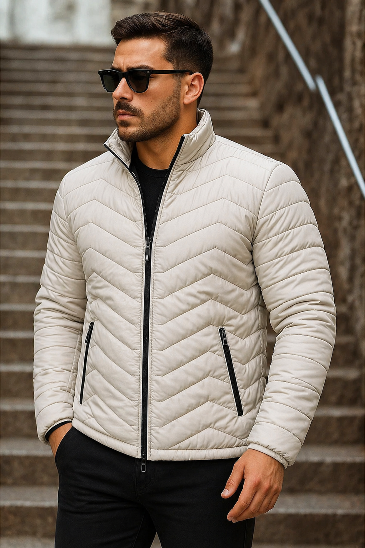 Erkek Kışlık Trend Krem Kapitone Şişme Mont