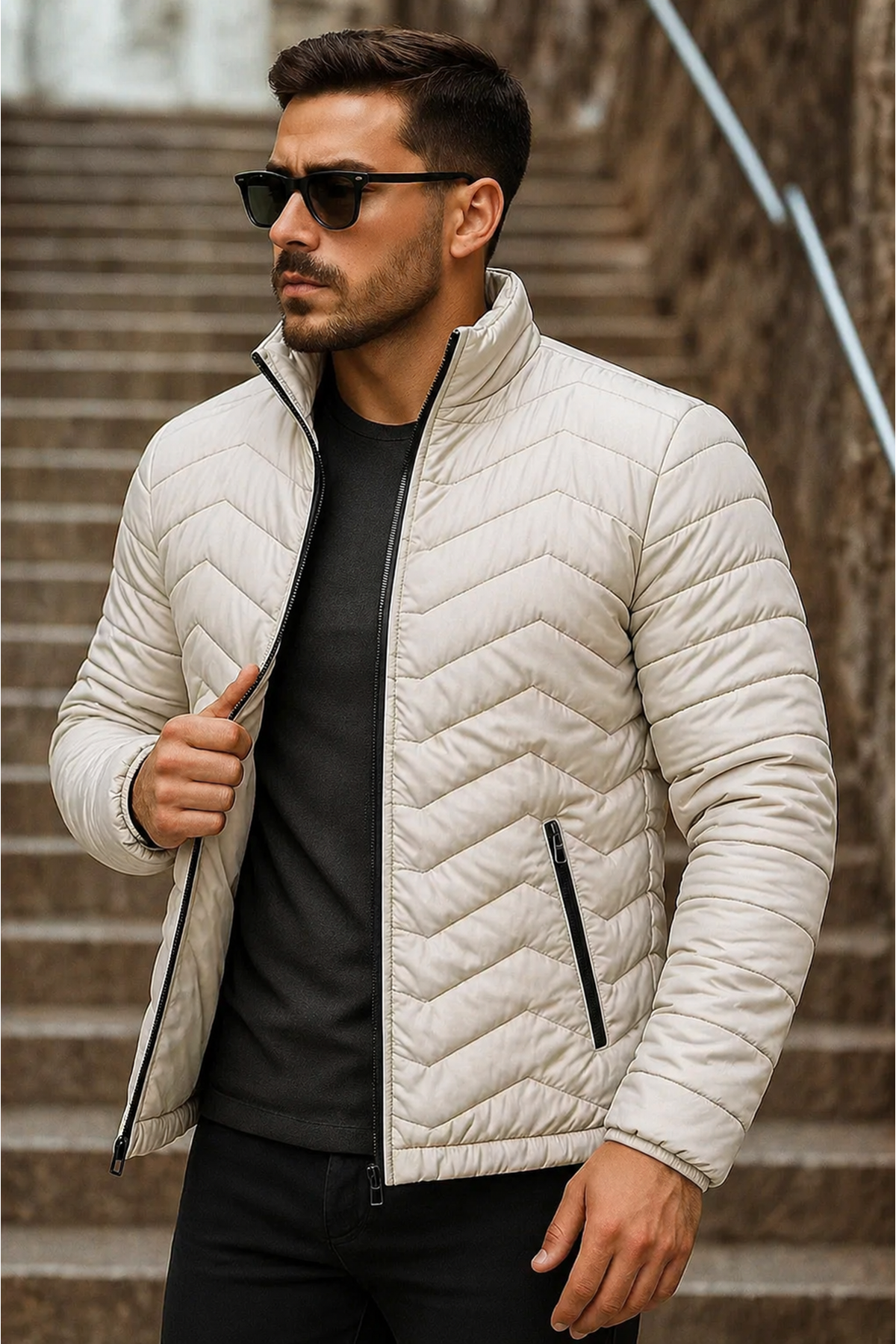 Erkek Kışlık Trend Krem Kapitone Şişme Mont