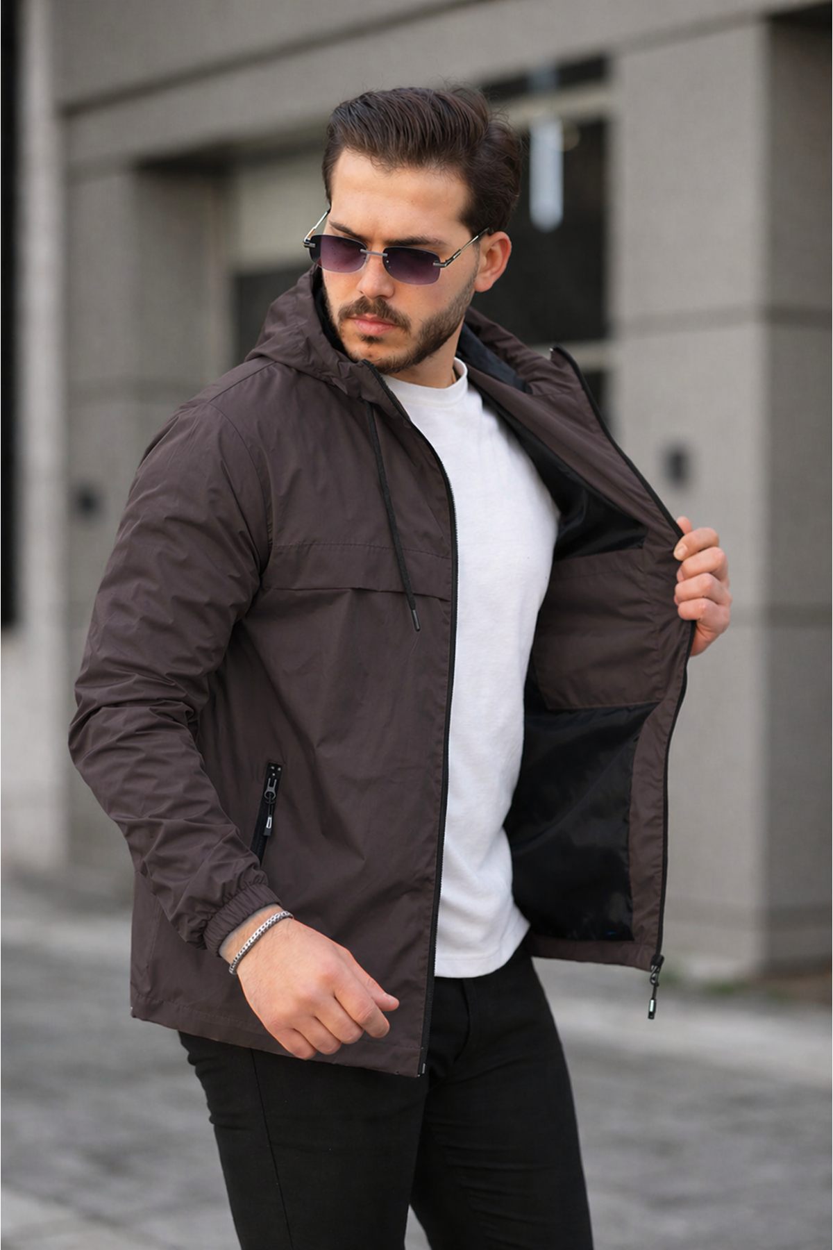 Erkek Içi Astarlı Suya Dayanıklı Kapüşonlu Cepli Yağmurluk