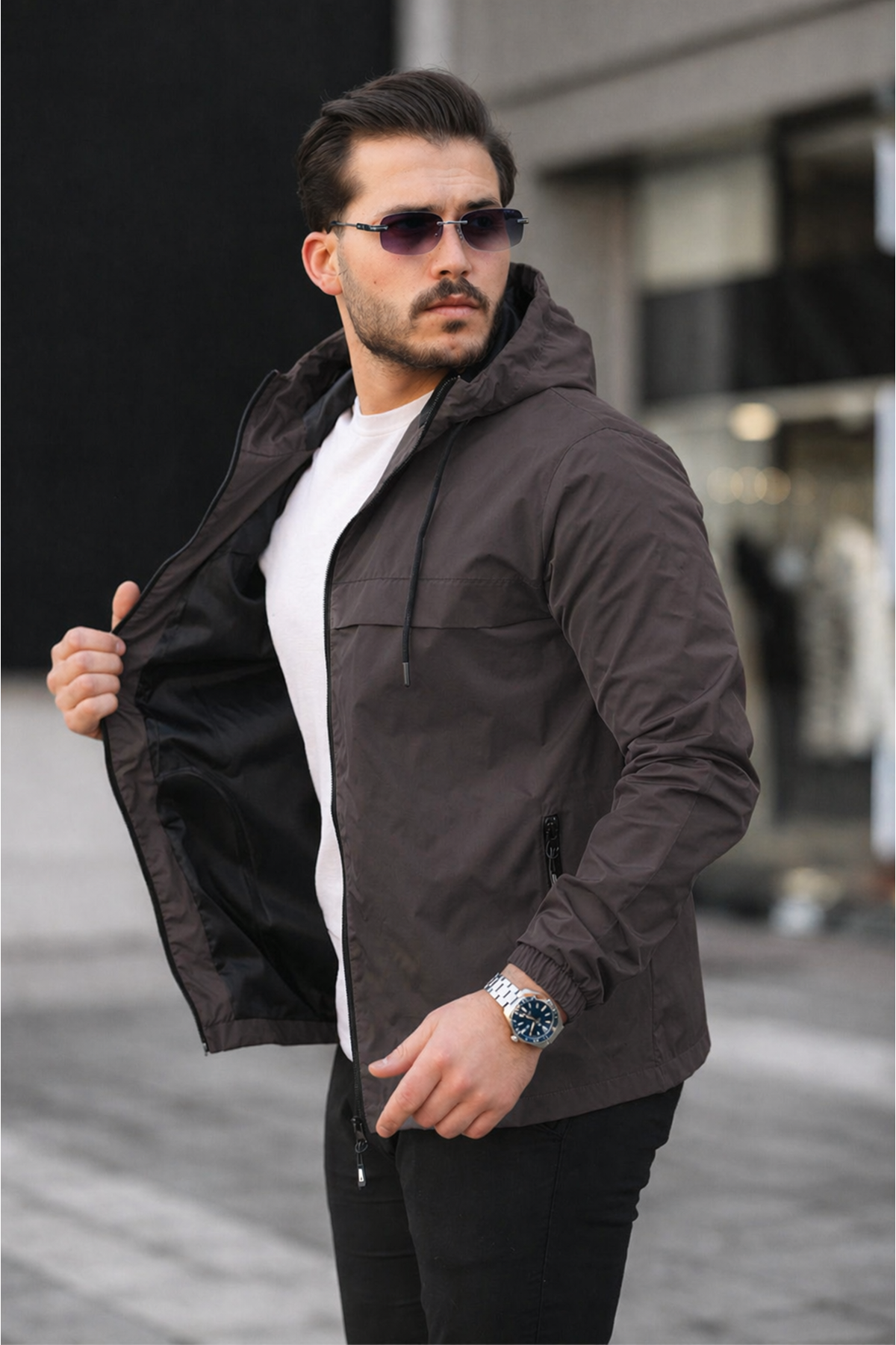 Erkek Içi Astarlı Suya Dayanıklı Kapüşonlu Cepli Yağmurluk