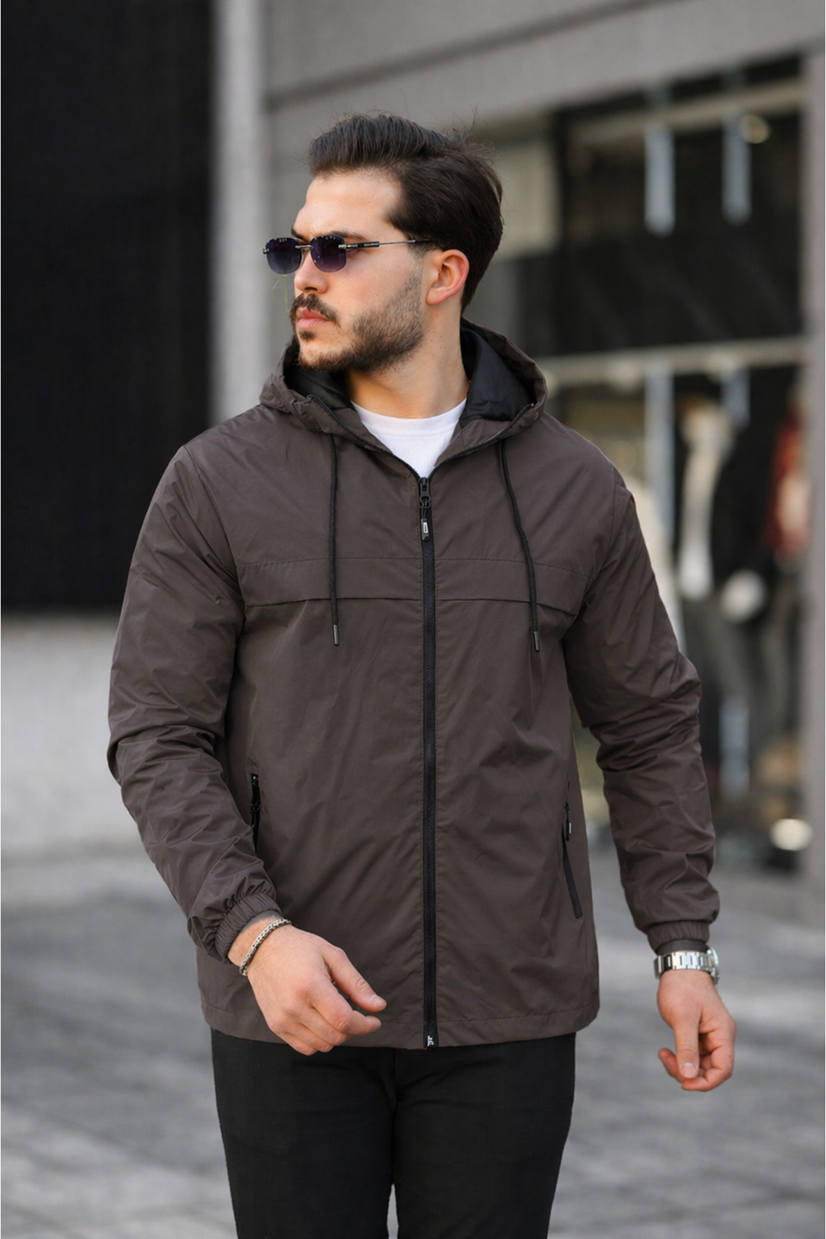 Erkek Içi Astarlı Suya Dayanıklı Kapüşonlu Cepli Yağmurluk