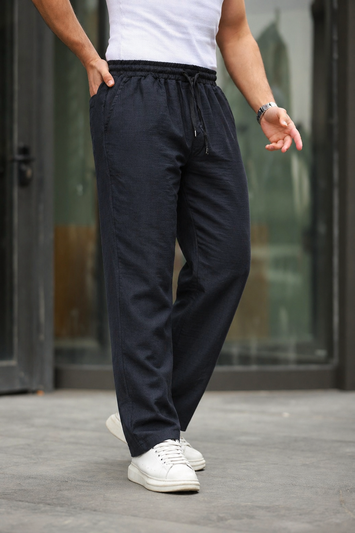 Erkek Beli Lastikli Bol Antrasit Keten Baggy Pantolon