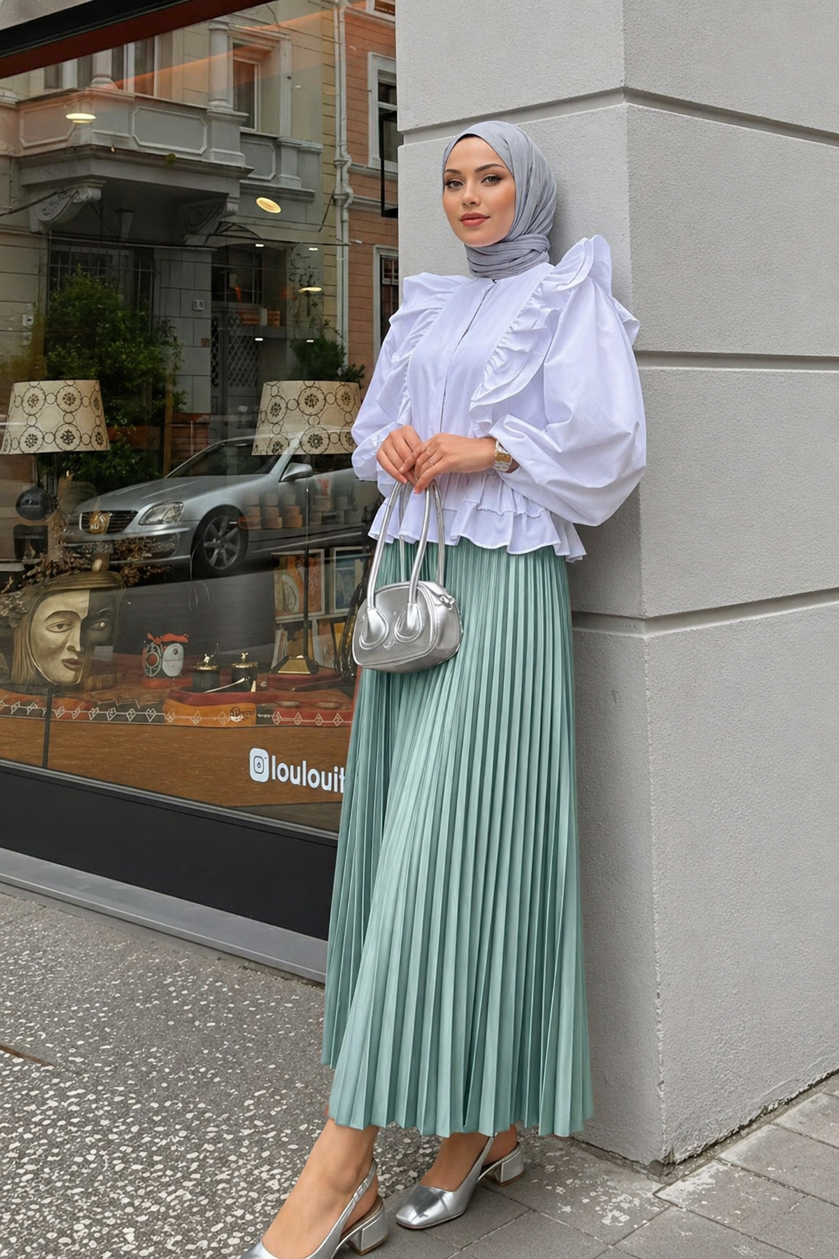 Kadın Basic Yüksek Bel Piliseli Bol S.Yeşil Uzun Etek