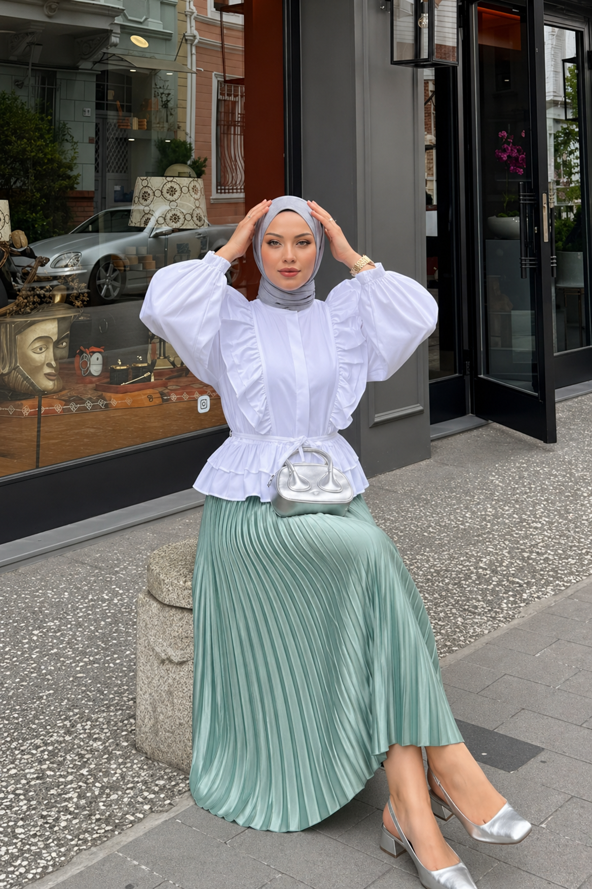 Kadın Basic Yüksek Bel Piliseli Bol S.Yeşil Uzun Etek