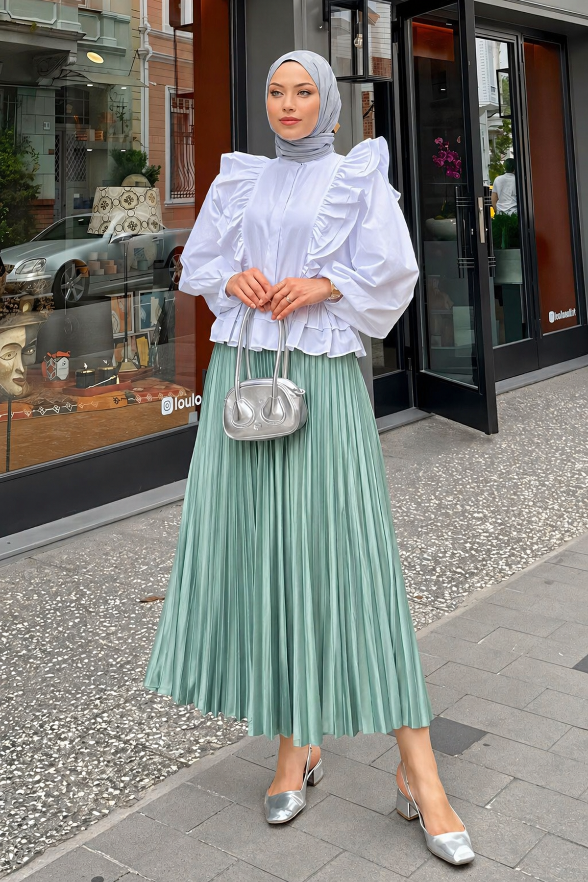 Kadın Basic Yüksek Bel Piliseli Bol S.Yeşil Uzun Etek