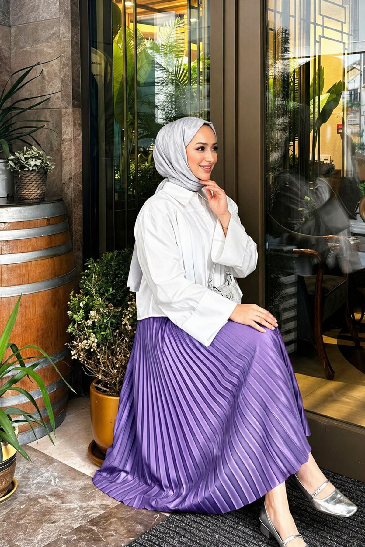 Kadın Basic Yüksek Bel Piliseli Bol Mor Uzun Etek