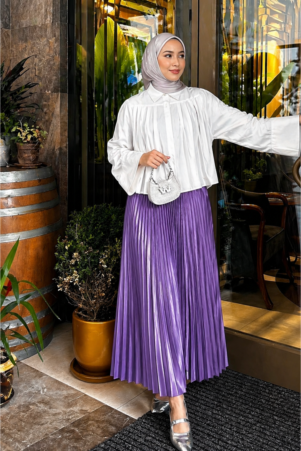 Kadın Basic Yüksek Bel Piliseli Bol Mor Uzun Etek