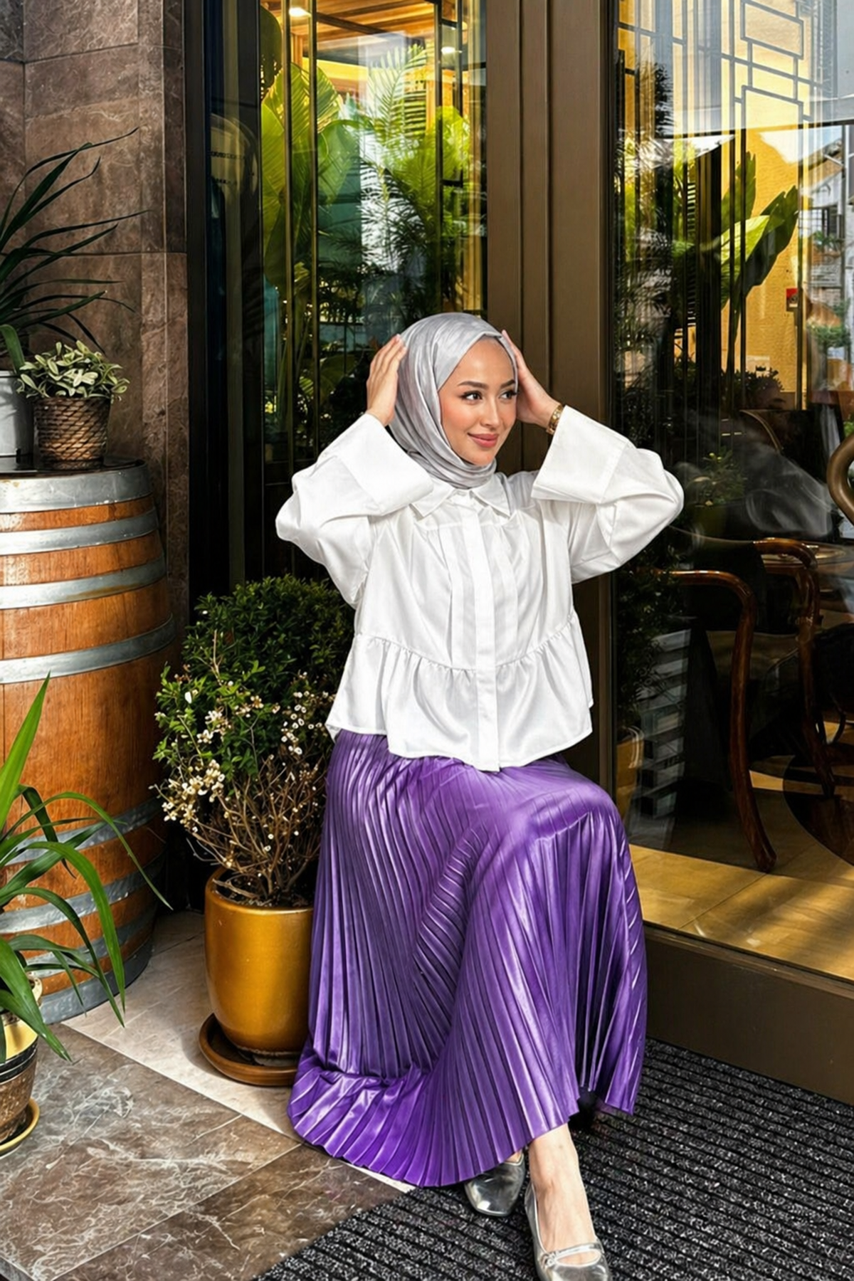 Kadın Basic Yüksek Bel Piliseli Bol Mor Uzun Etek