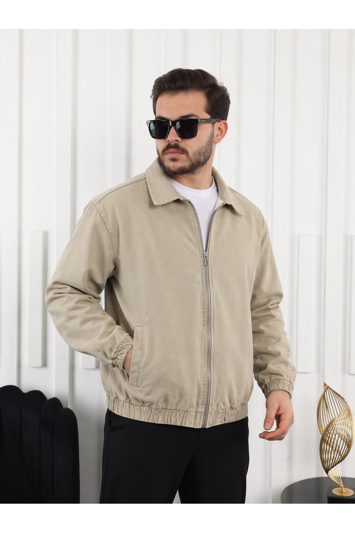 Erkek Mevsimlik Premium Krem Oversize Bomber Ceket