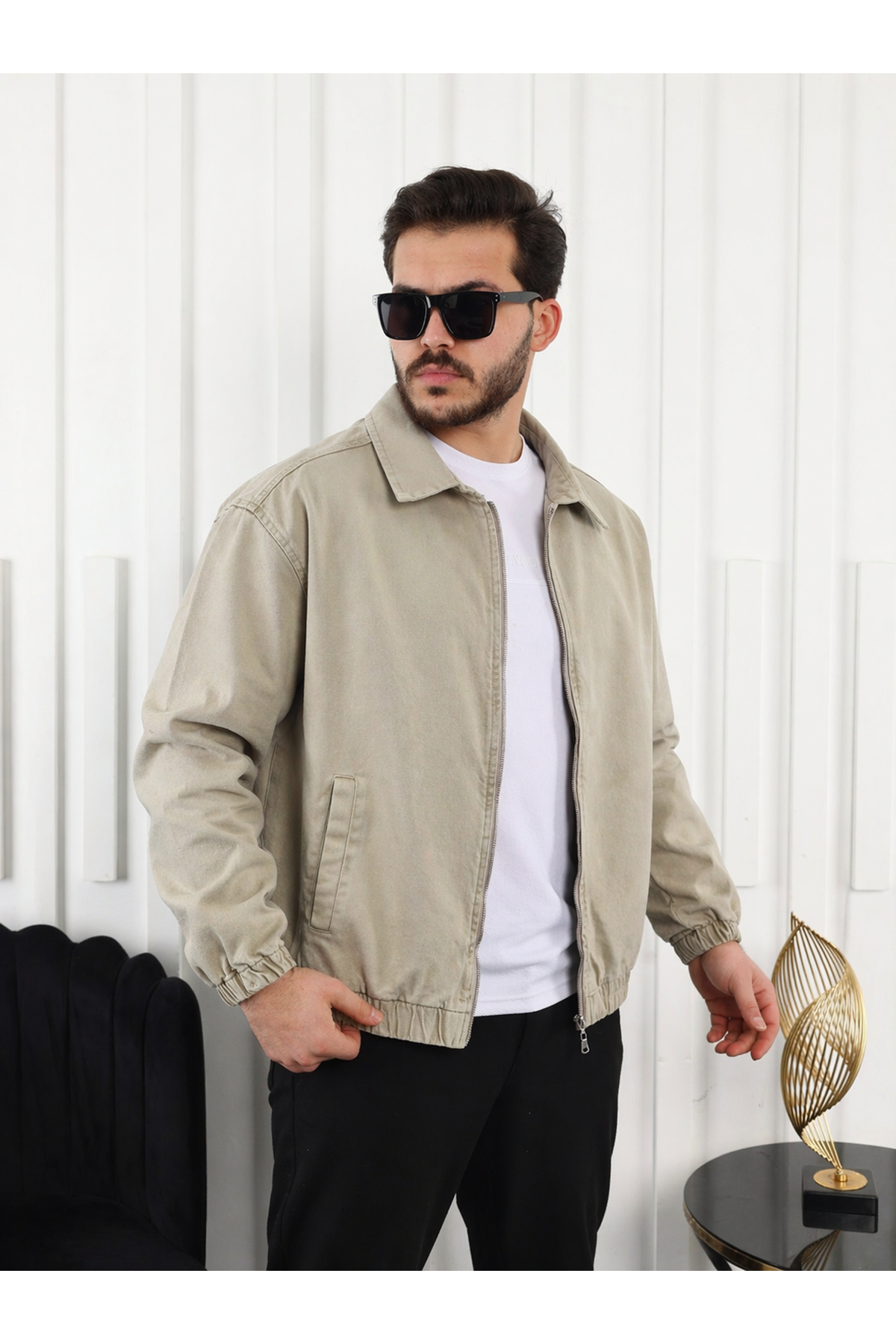 Erkek Mevsimlik Premium Krem Oversize Bomber Ceket