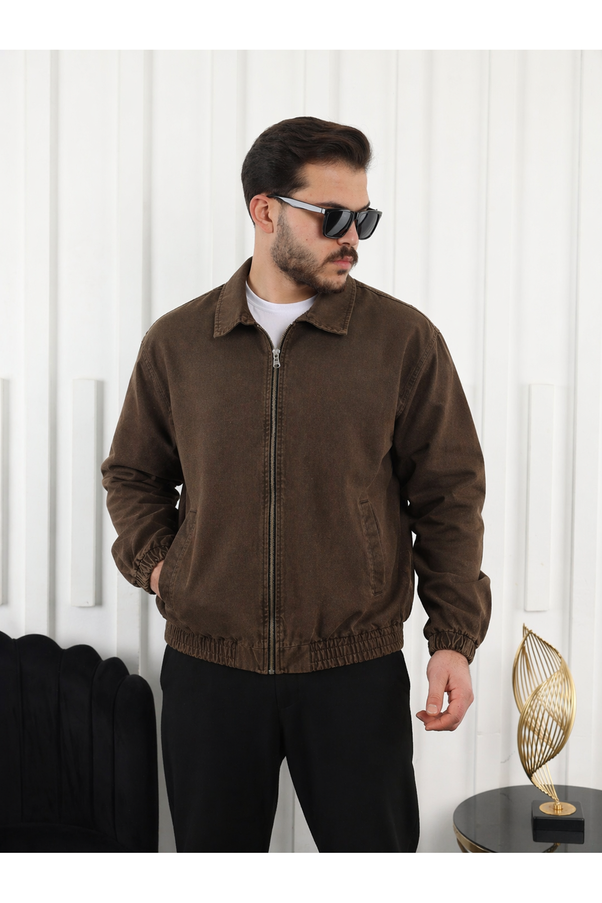 Erkek Mevsimlik Premium Kahve Oversize Bomber Ceket