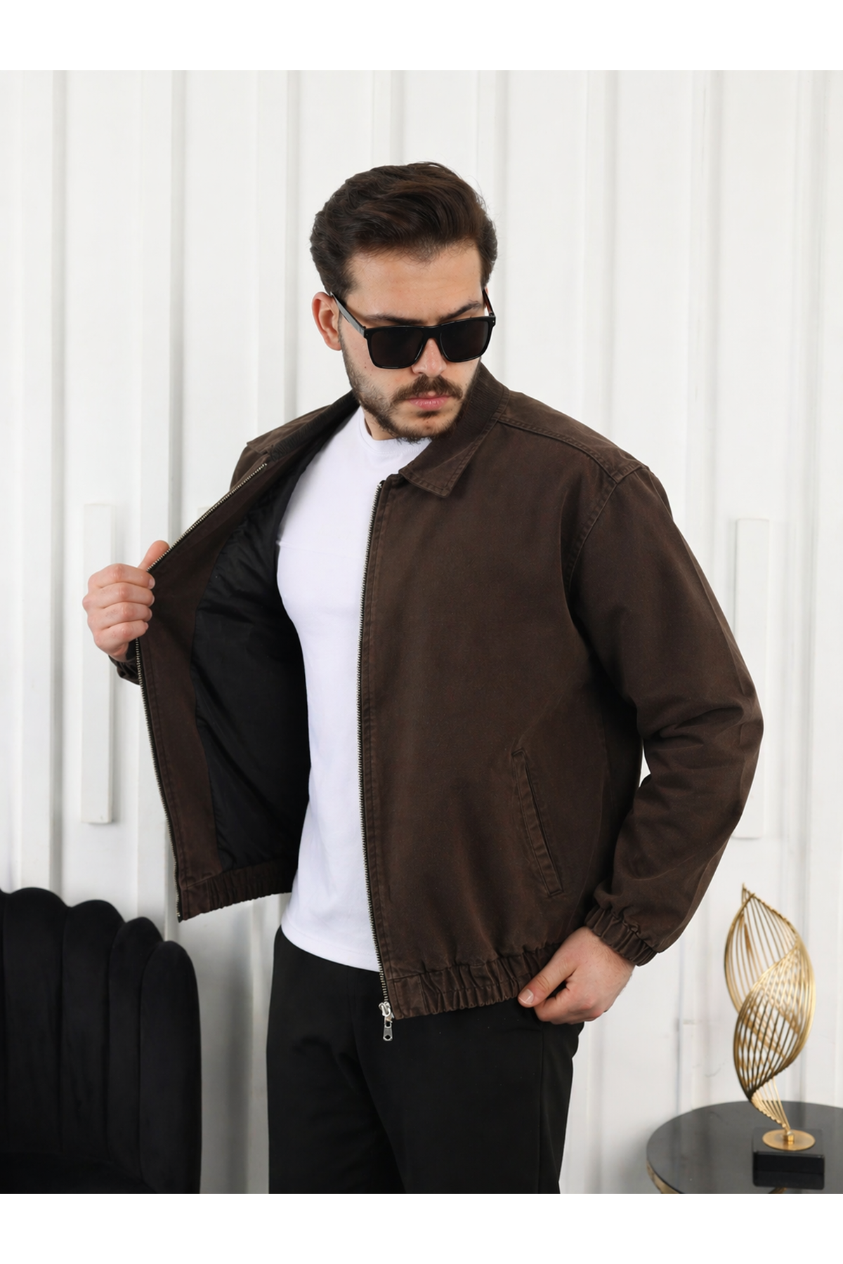 Erkek Mevsimlik Premium Kahve Oversize Bomber Ceket