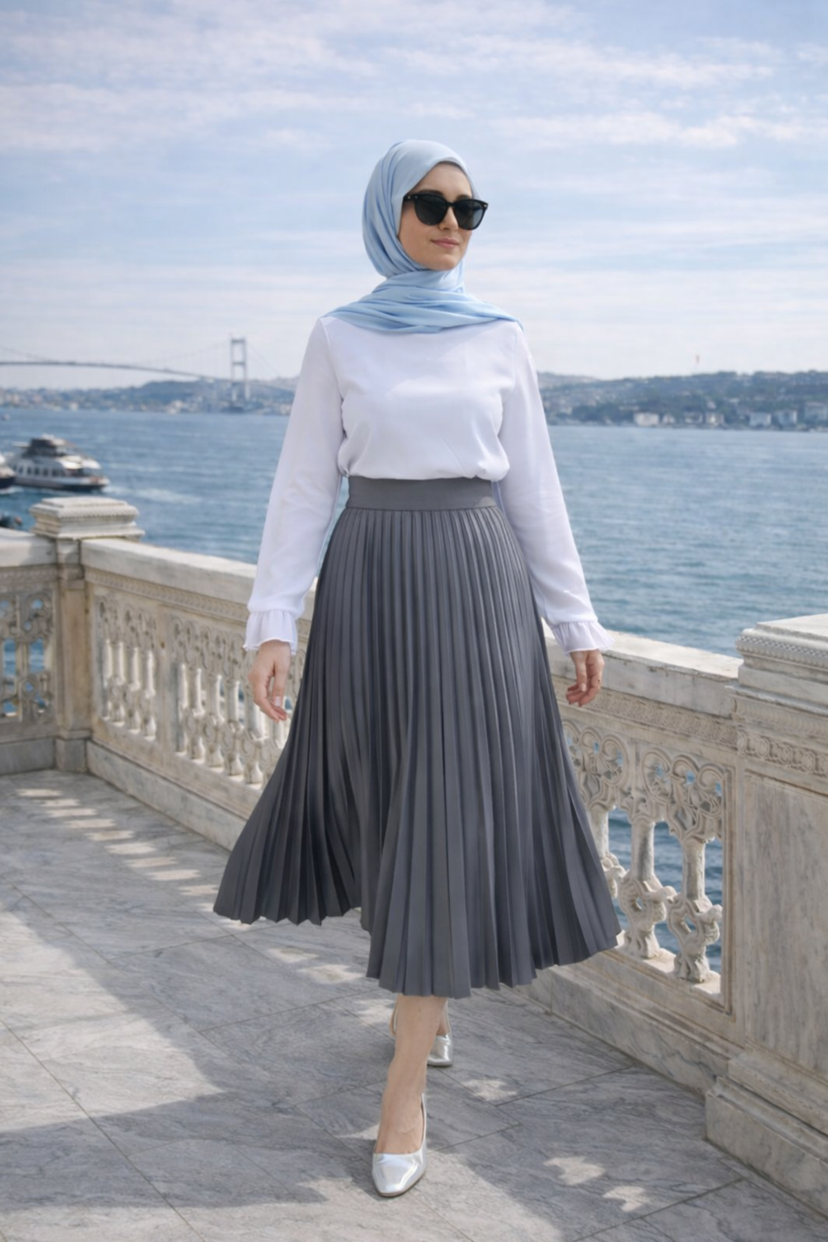 Kadın Premium Pileli Antrasit Uzun Tesettür Etek