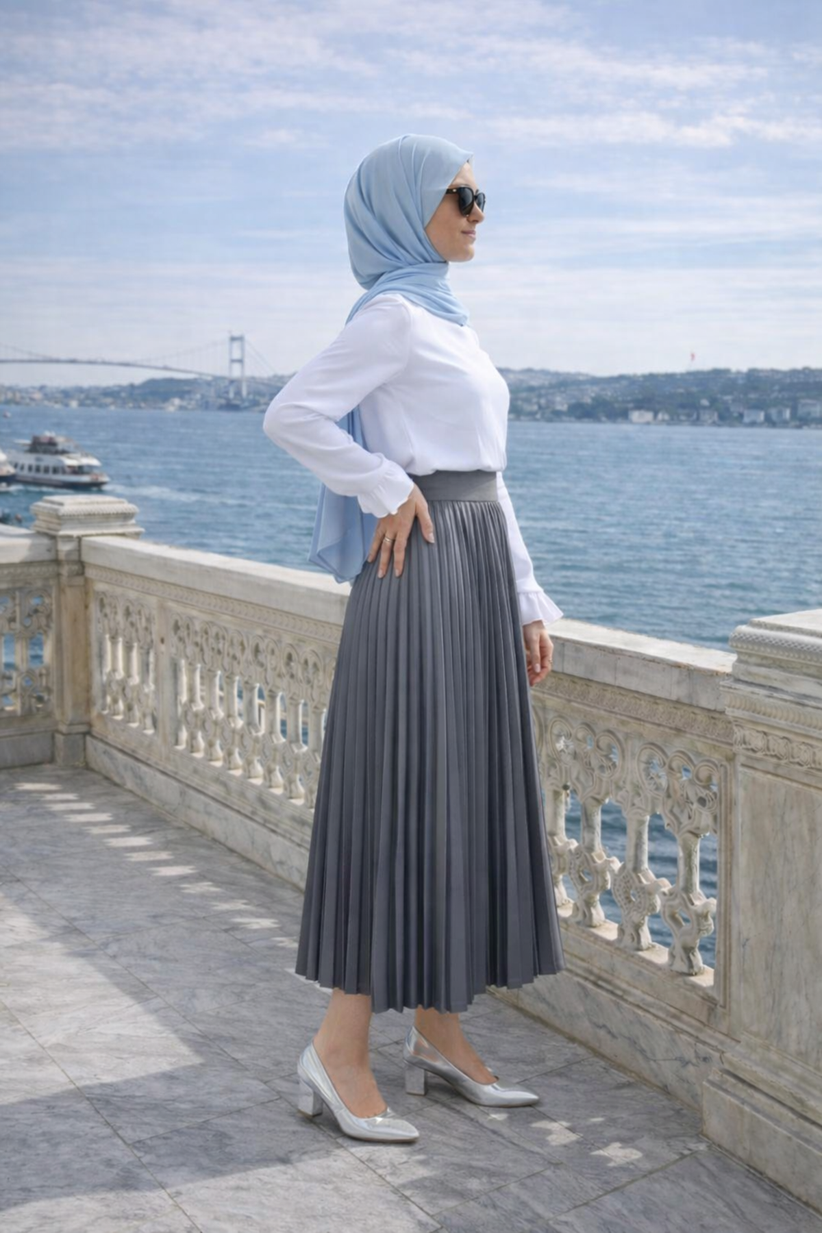 Kadın Premium Pileli Antrasit Uzun Tesettür Etek