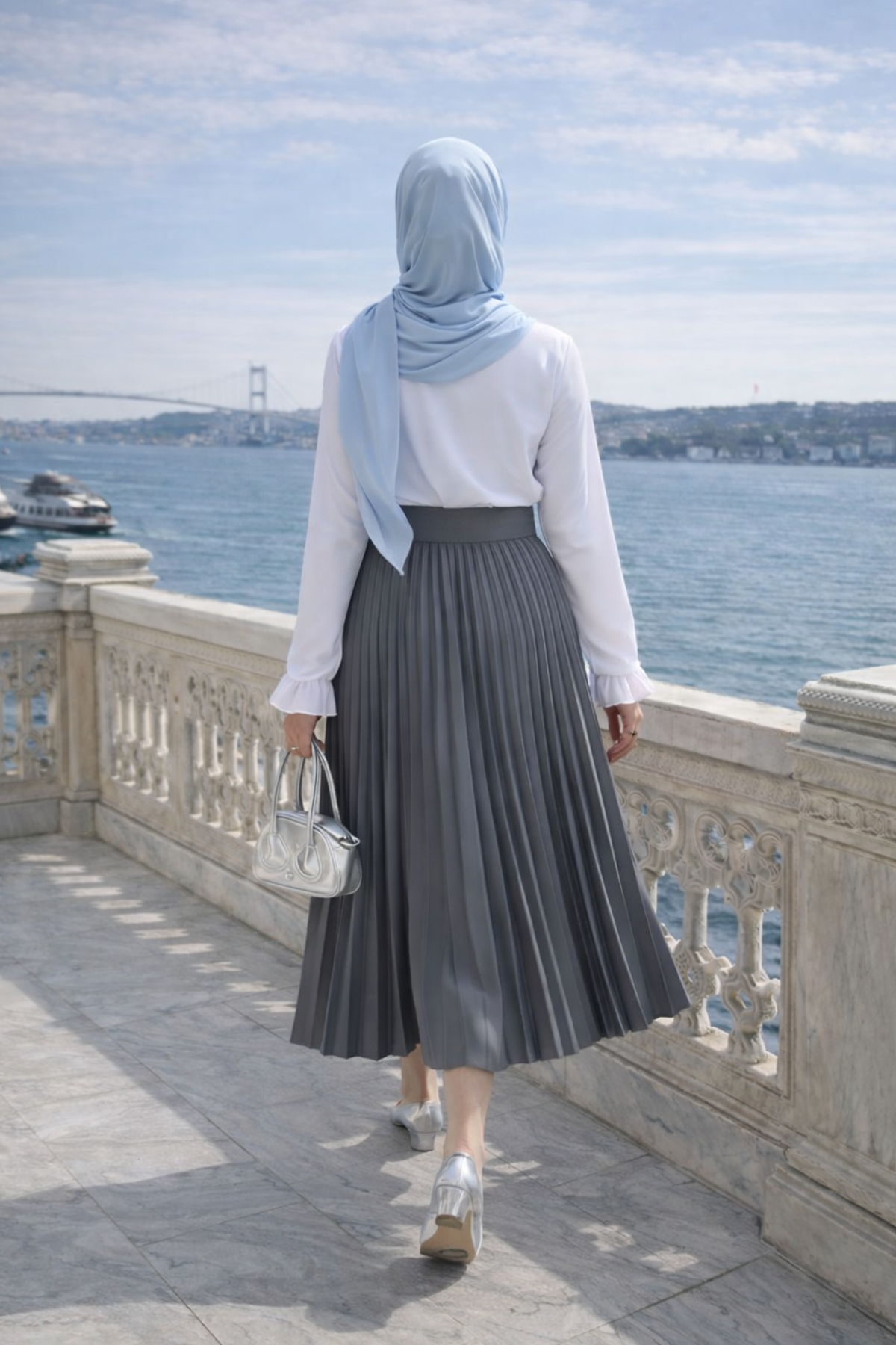 Kadın Premium Pileli Antrasit Uzun Tesettür Etek