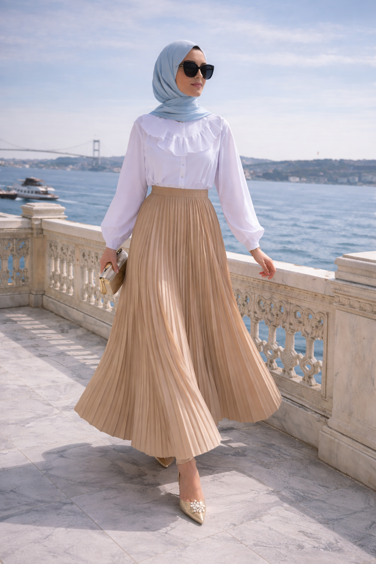 Kadın Premium Pileli Vizon Uzun Tesettür Etek