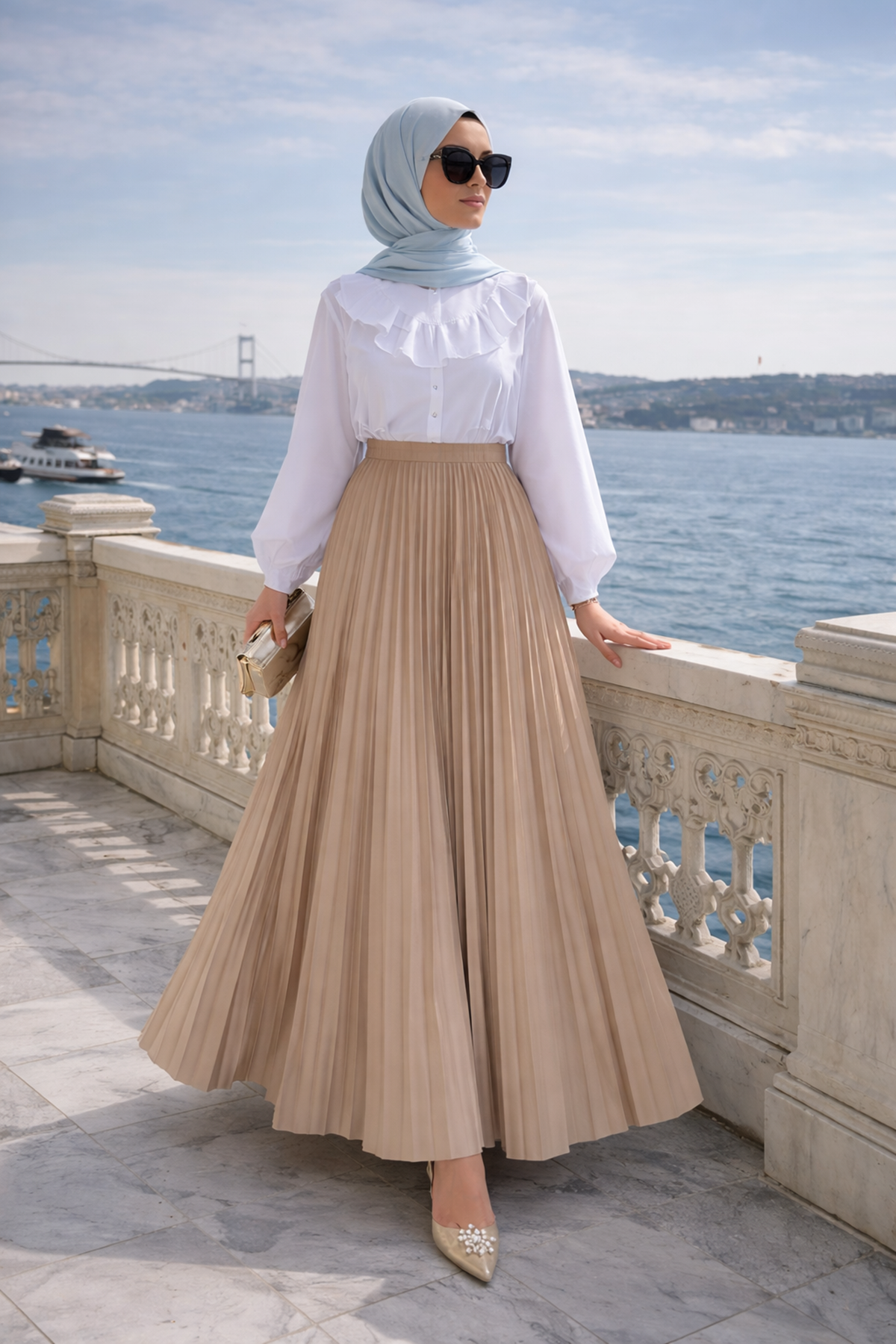 Kadın Premium Pileli Vizon Uzun Tesettür Etek