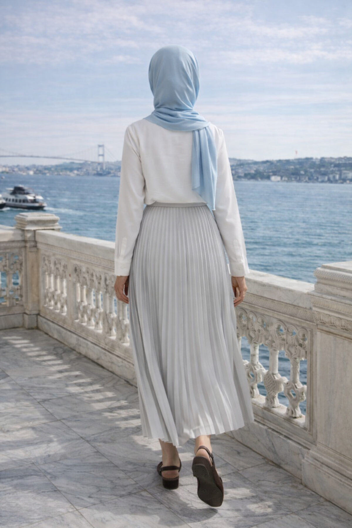 Kadın Premium Pileli Gri Uzun Tesettür Etek