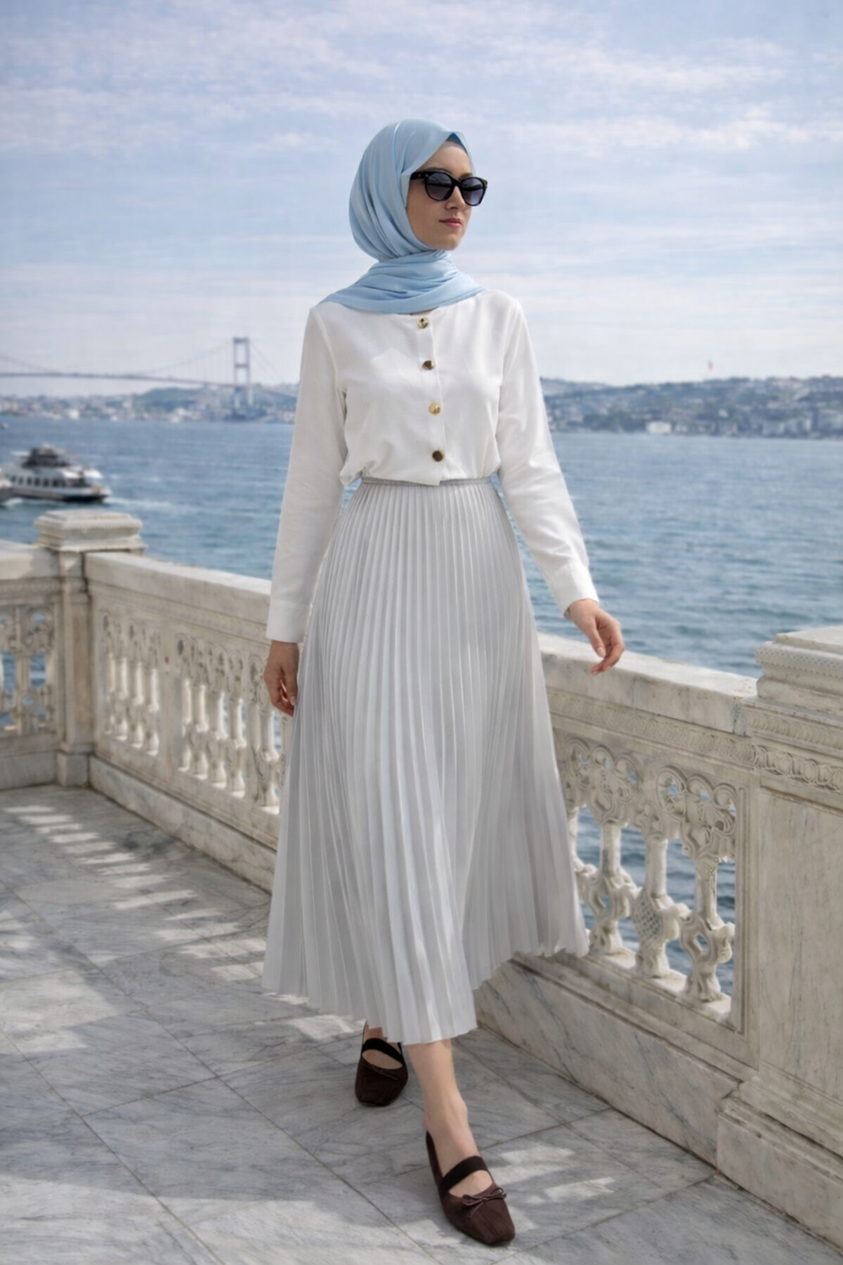 Kadın Premium Pileli Gri Uzun Tesettür Etek