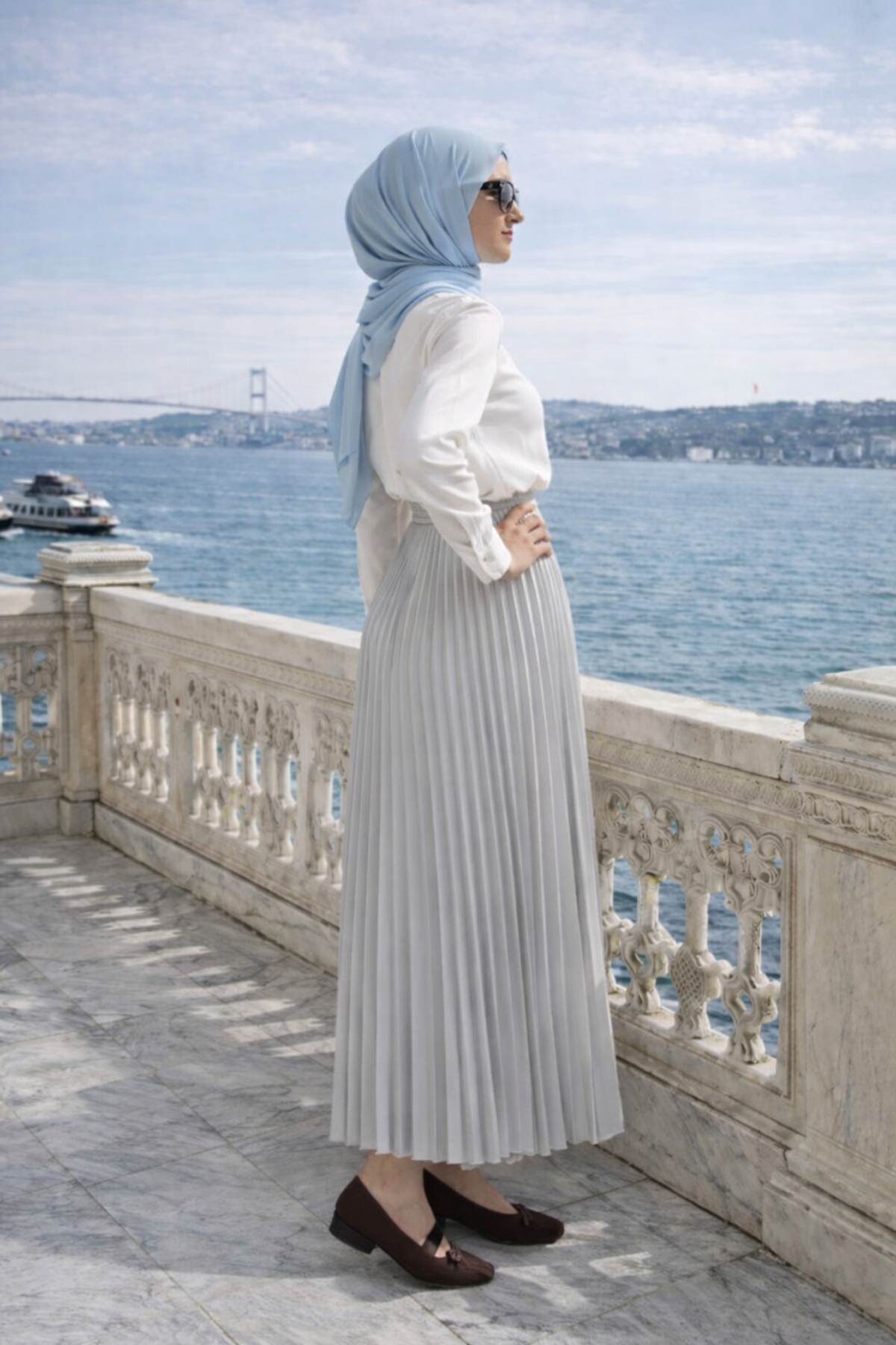 Kadın Premium Pileli Gri Uzun Tesettür Etek