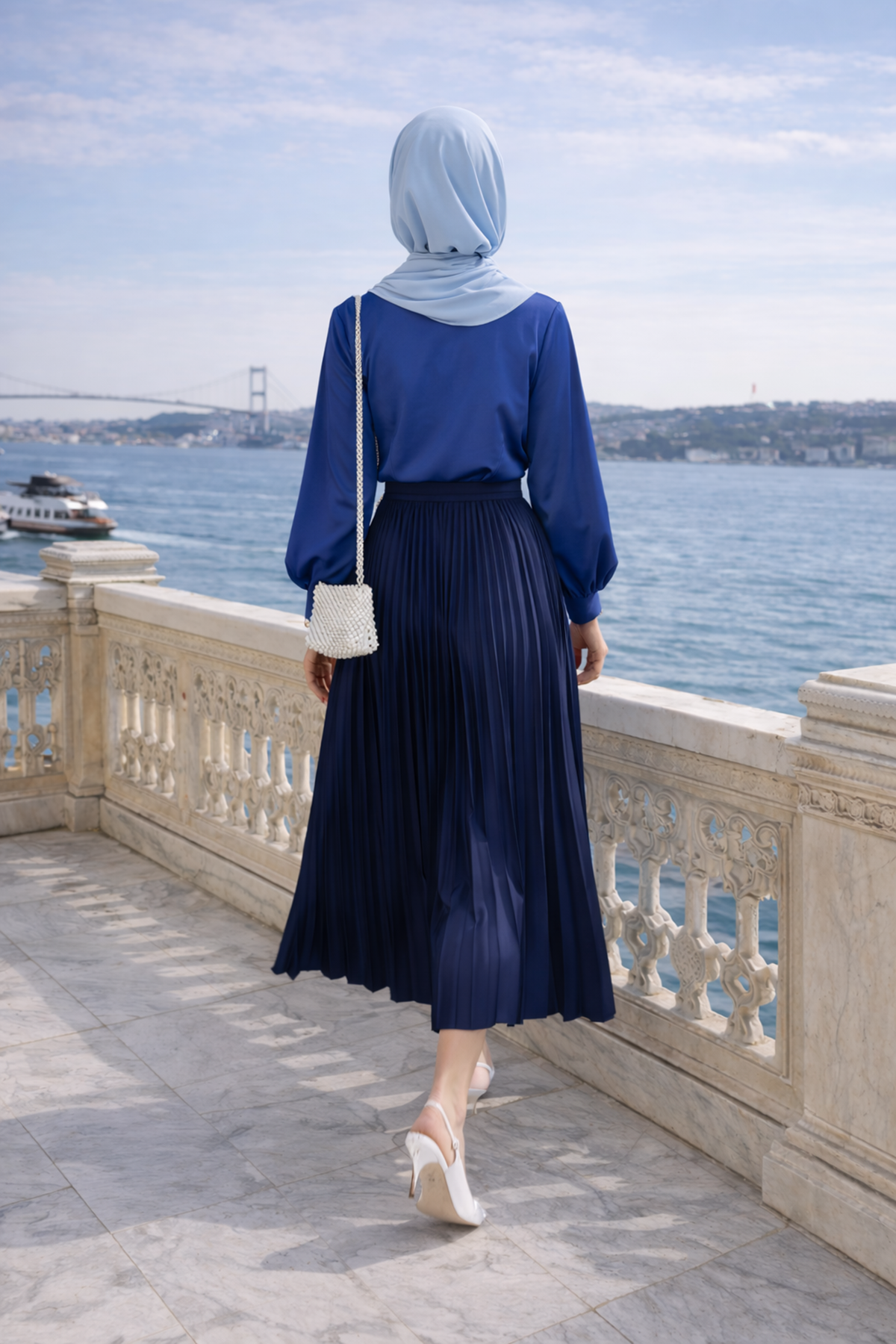 Kadın Premium Pileli Lacivert Uzun Tesettür Etek