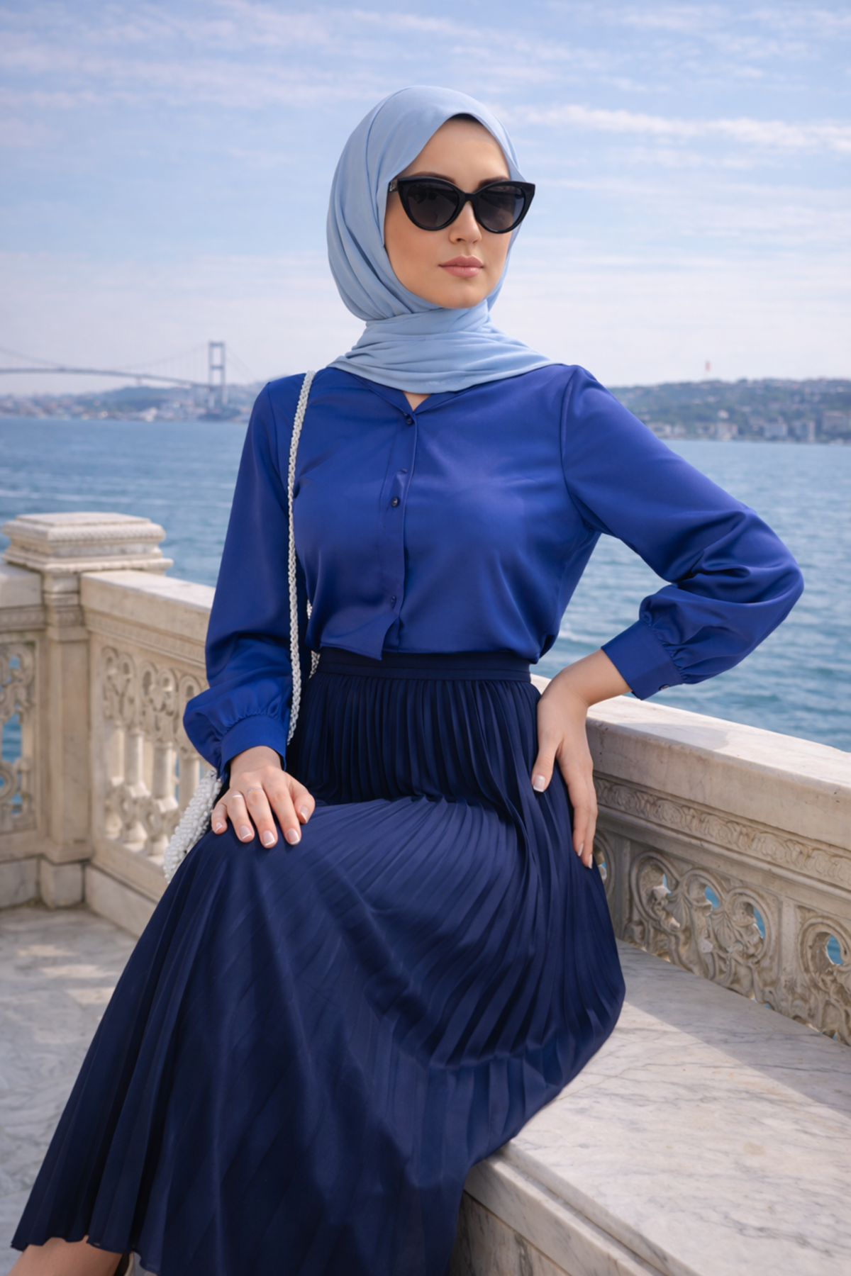 Kadın Premium Pileli Lacivert Uzun Tesettür Etek