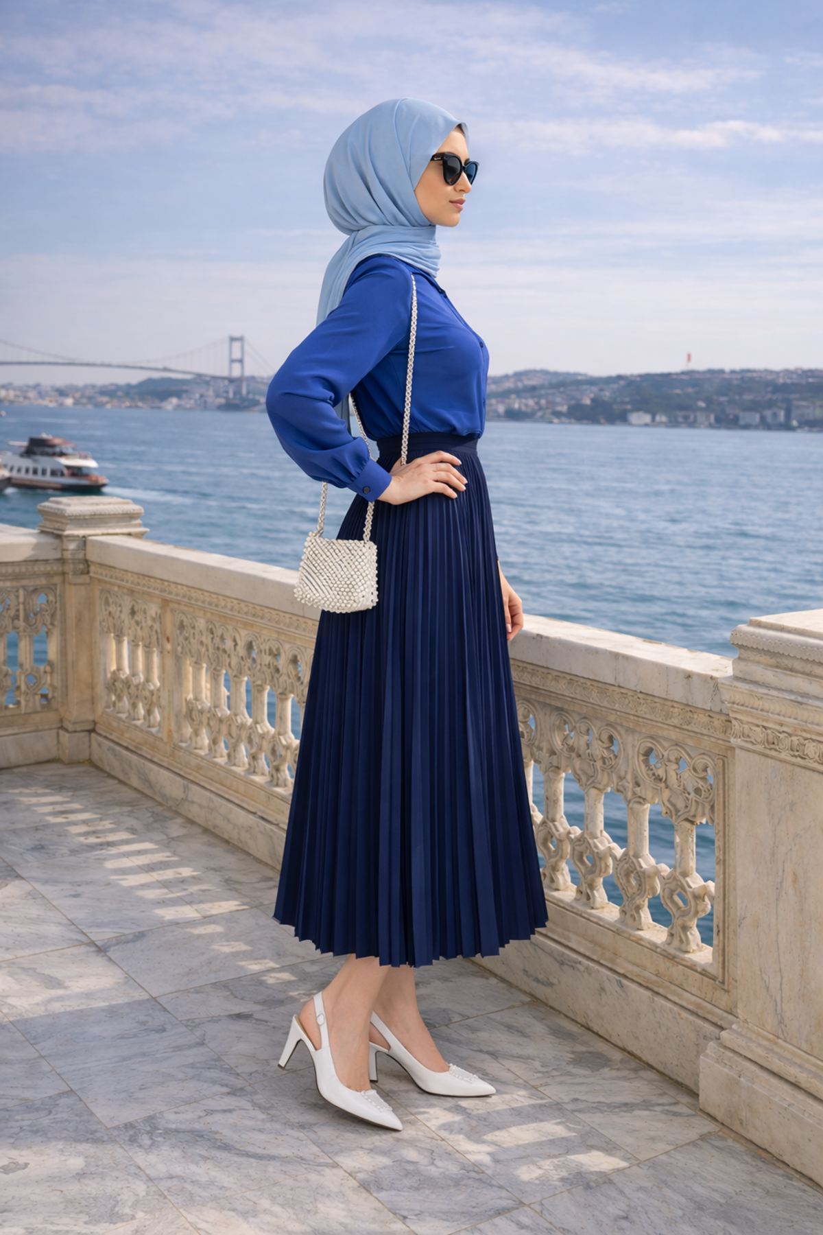 Kadın Premium Pileli Lacivert Uzun Tesettür Etek