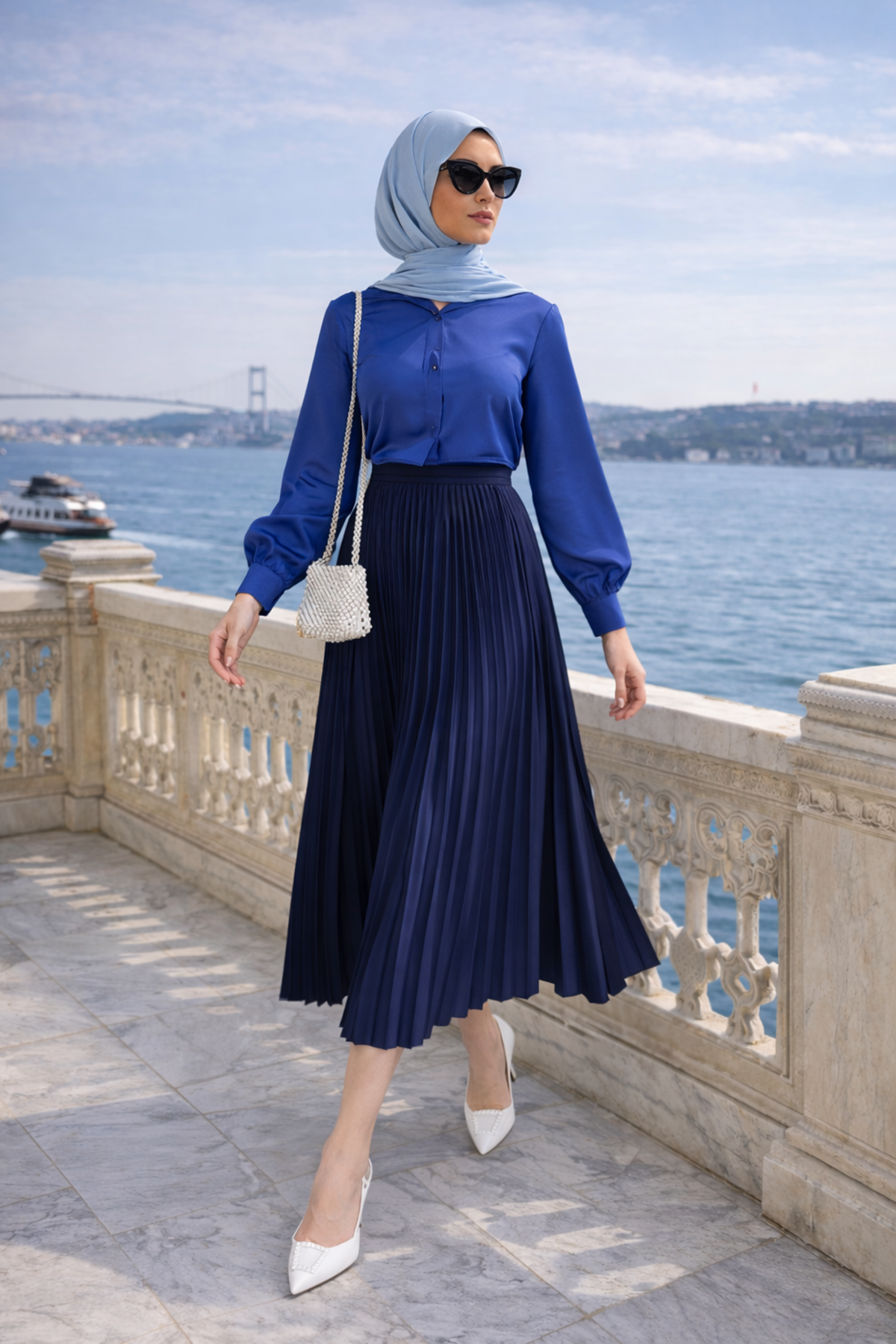Kadın Premium Pileli Lacivert Uzun Tesettür Etek