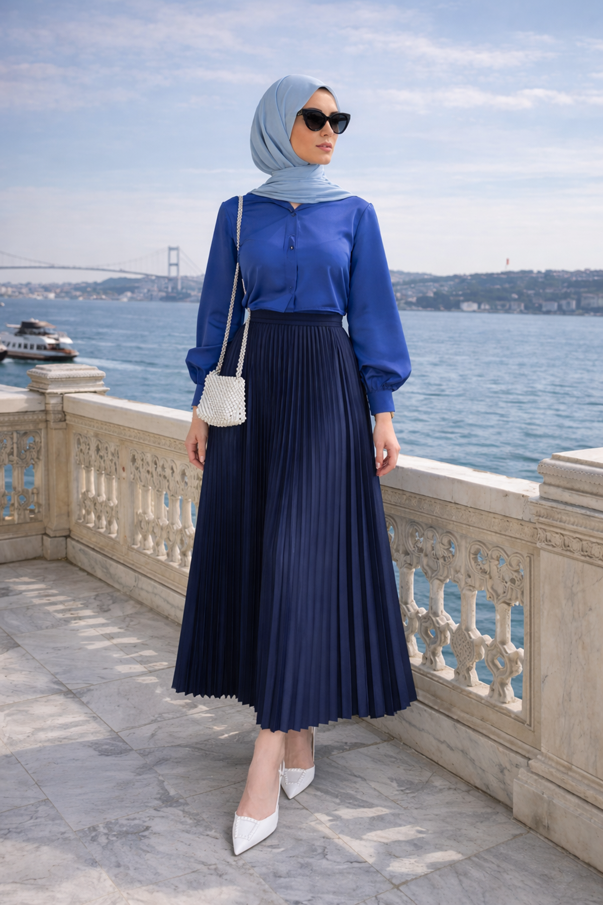 Kadın Premium Pileli Lacivert Uzun Tesettür Etek
