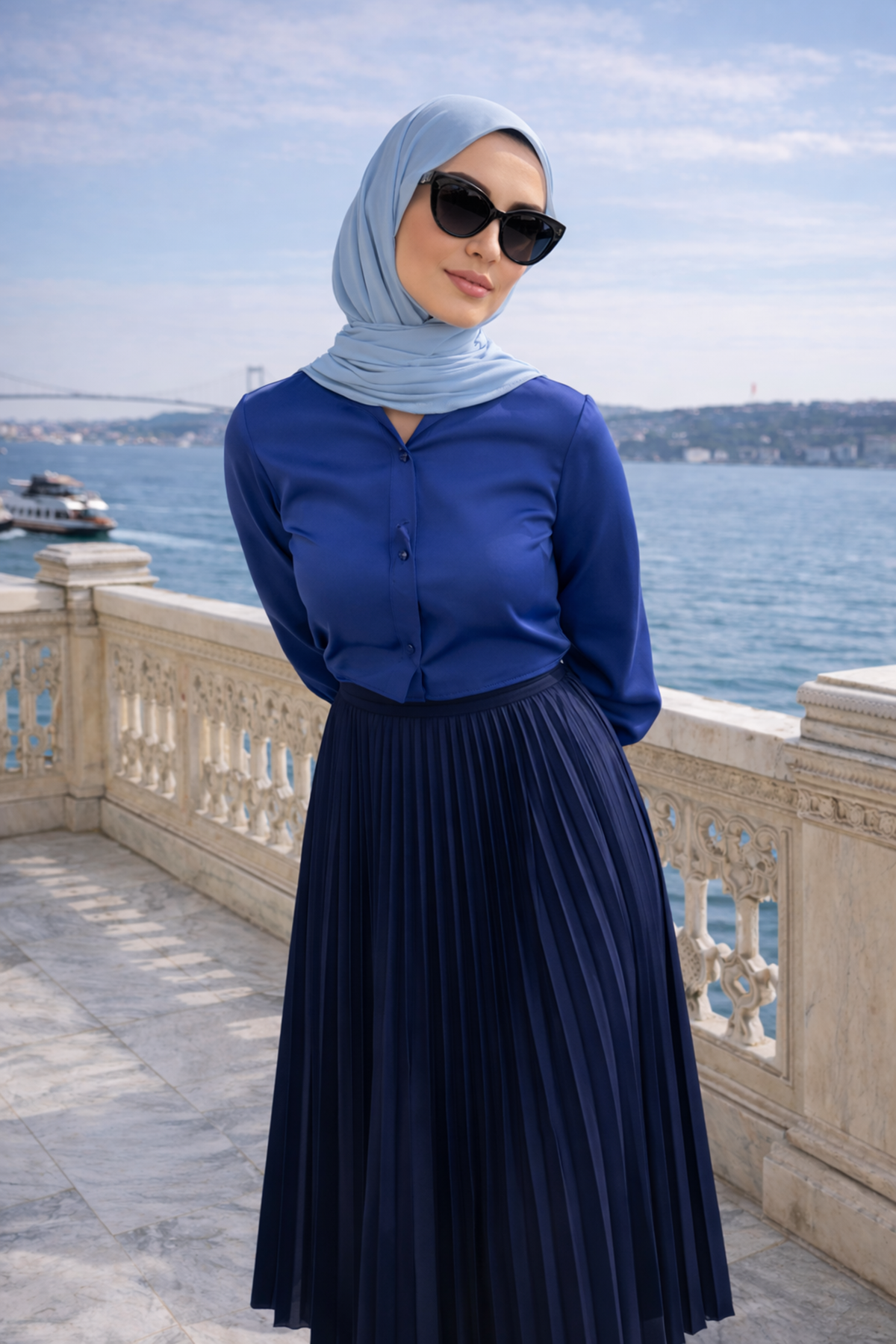 Kadın Premium Pileli Lacivert Uzun Tesettür Etek